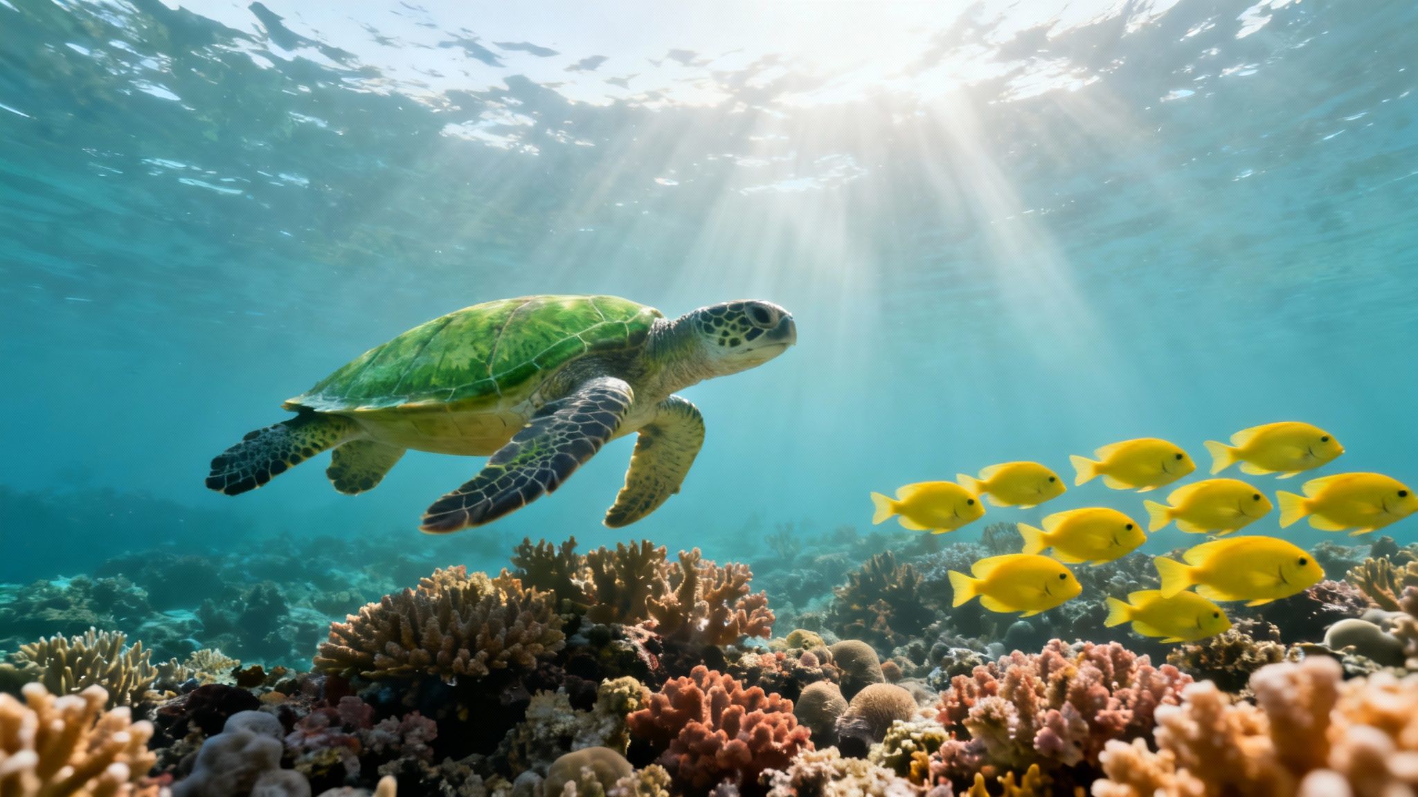 Green sea turtle swims over a vibrant coral reef with a school of yellow fish, bathed in sun rays.