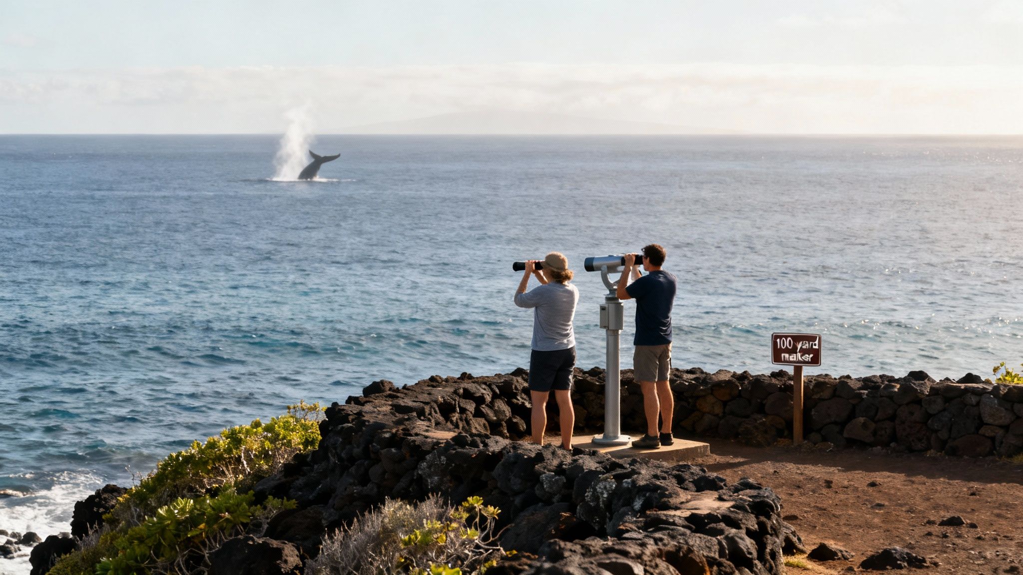 A humpback whale's tail fluke rises from the water with the Kona coastline in an image background.