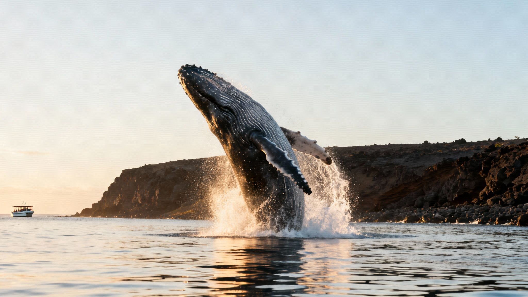A massive humpback whale breaching dramatically out of the ocean water near the Big Island coast.