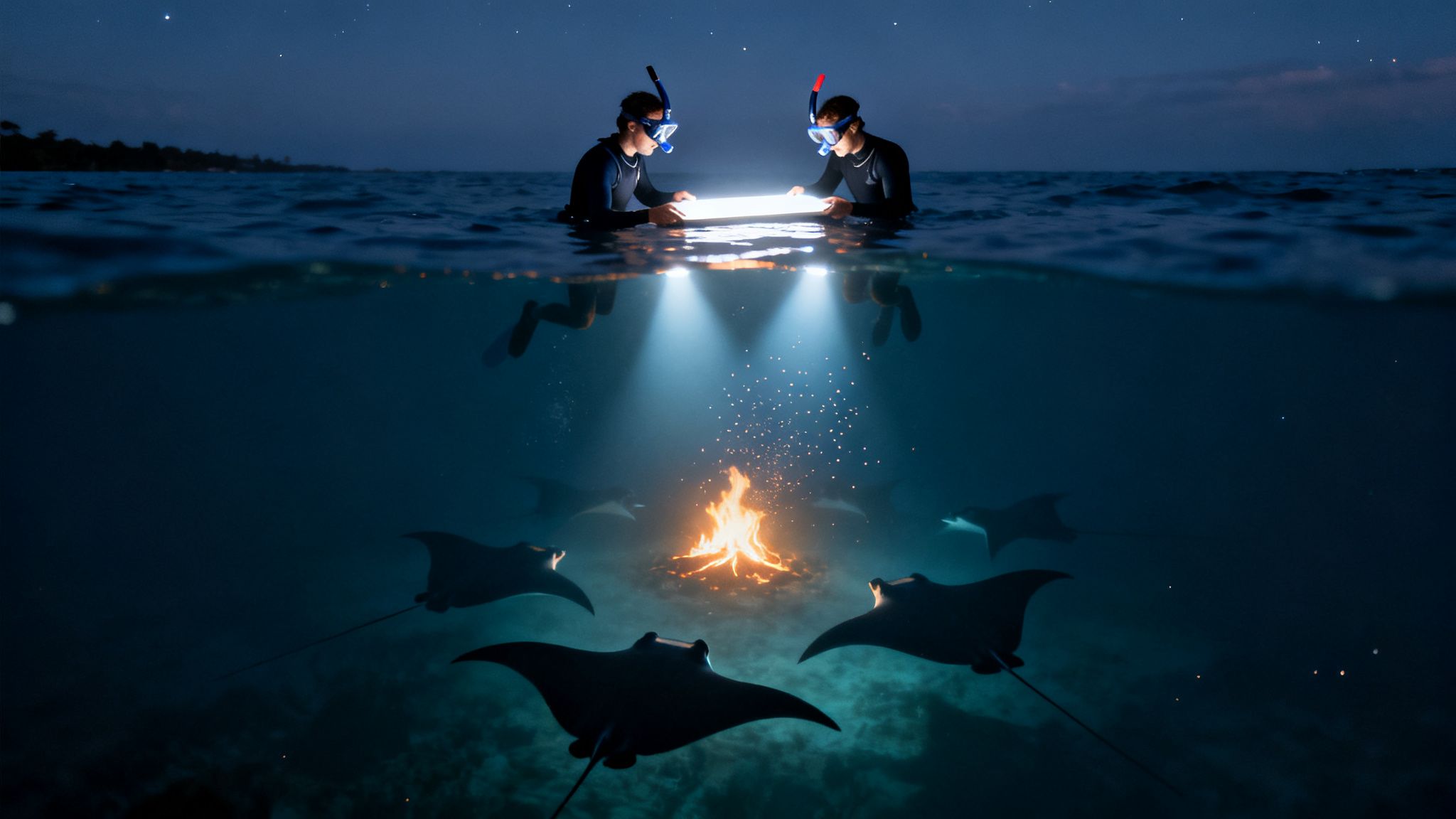 Two snorkelers light up a surreal underwater campfire surrounded by graceful manta rays at night.