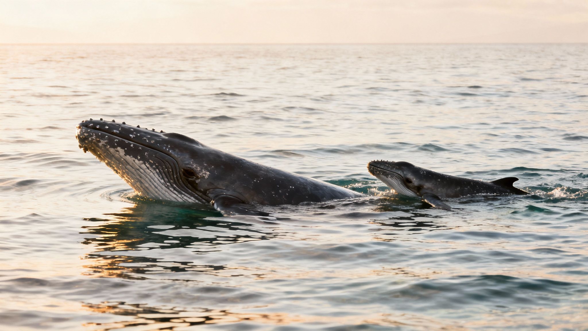 Humpback whale and calf surface in the ocean with a golden sunset horizon.