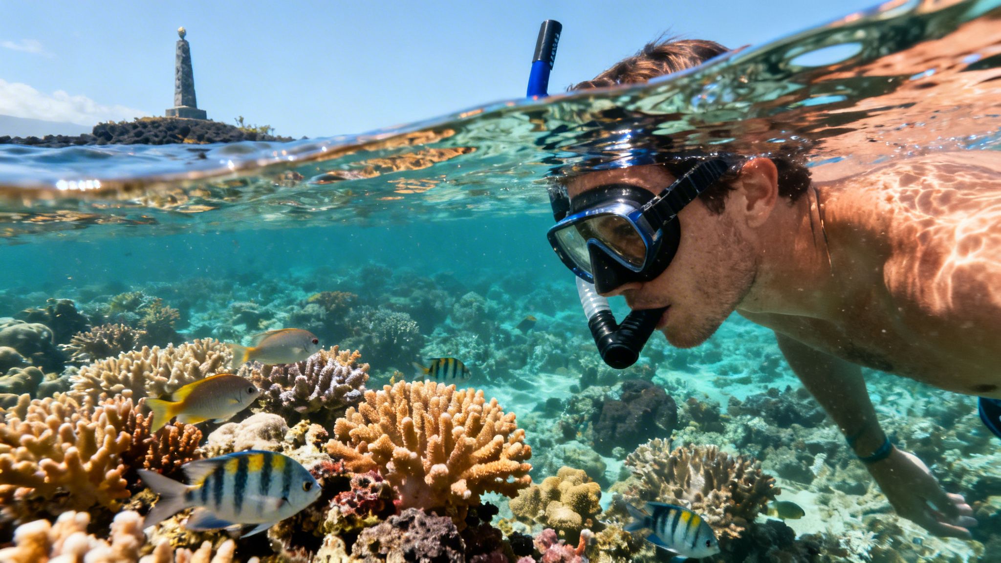 A man snorkeling in clear blue ocean water above a vibrant coral reef with colorful fish.