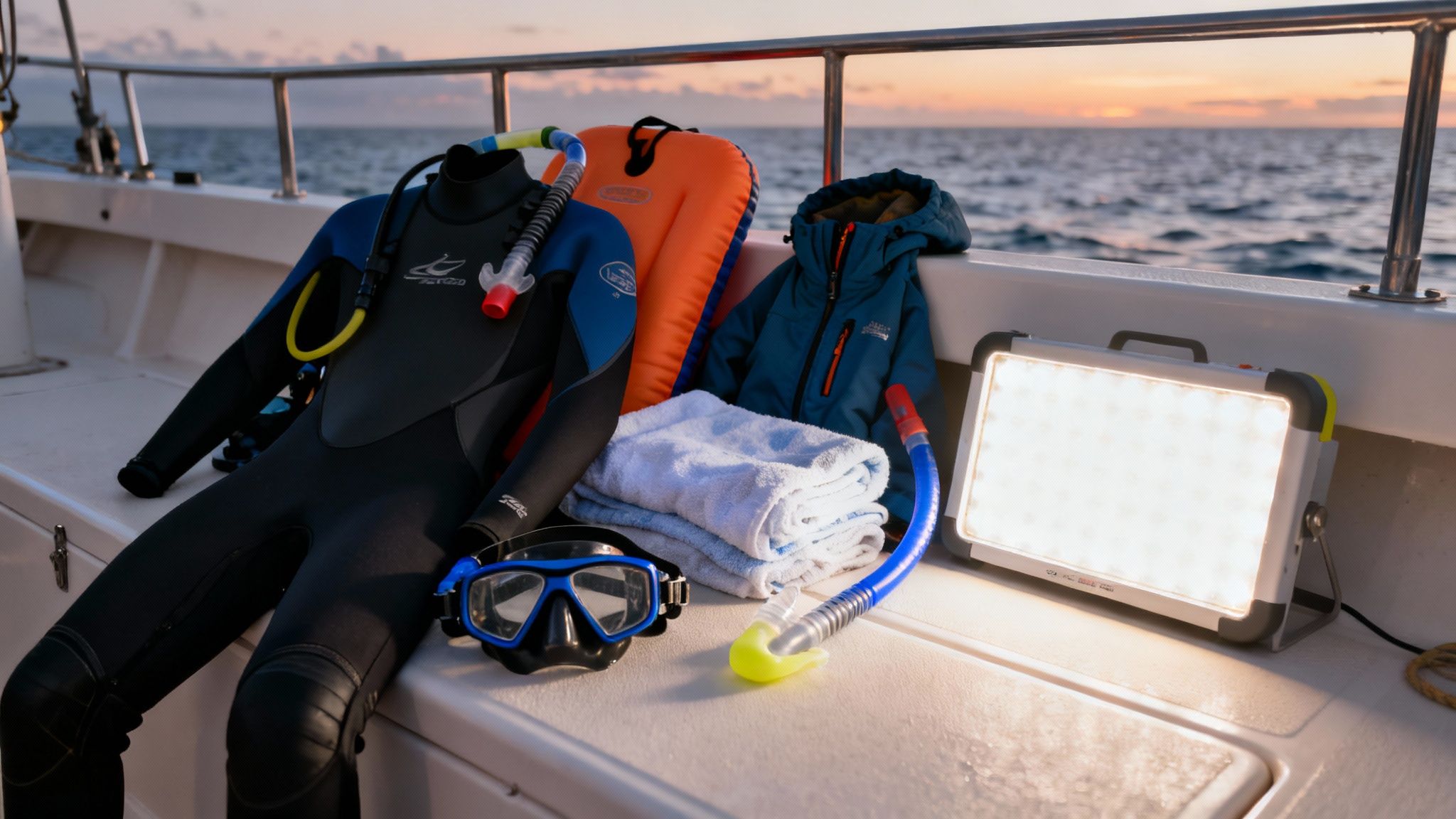 Diving and snorkeling equipment, including a wetsuit, mask, and light, laid out on a boat deck.