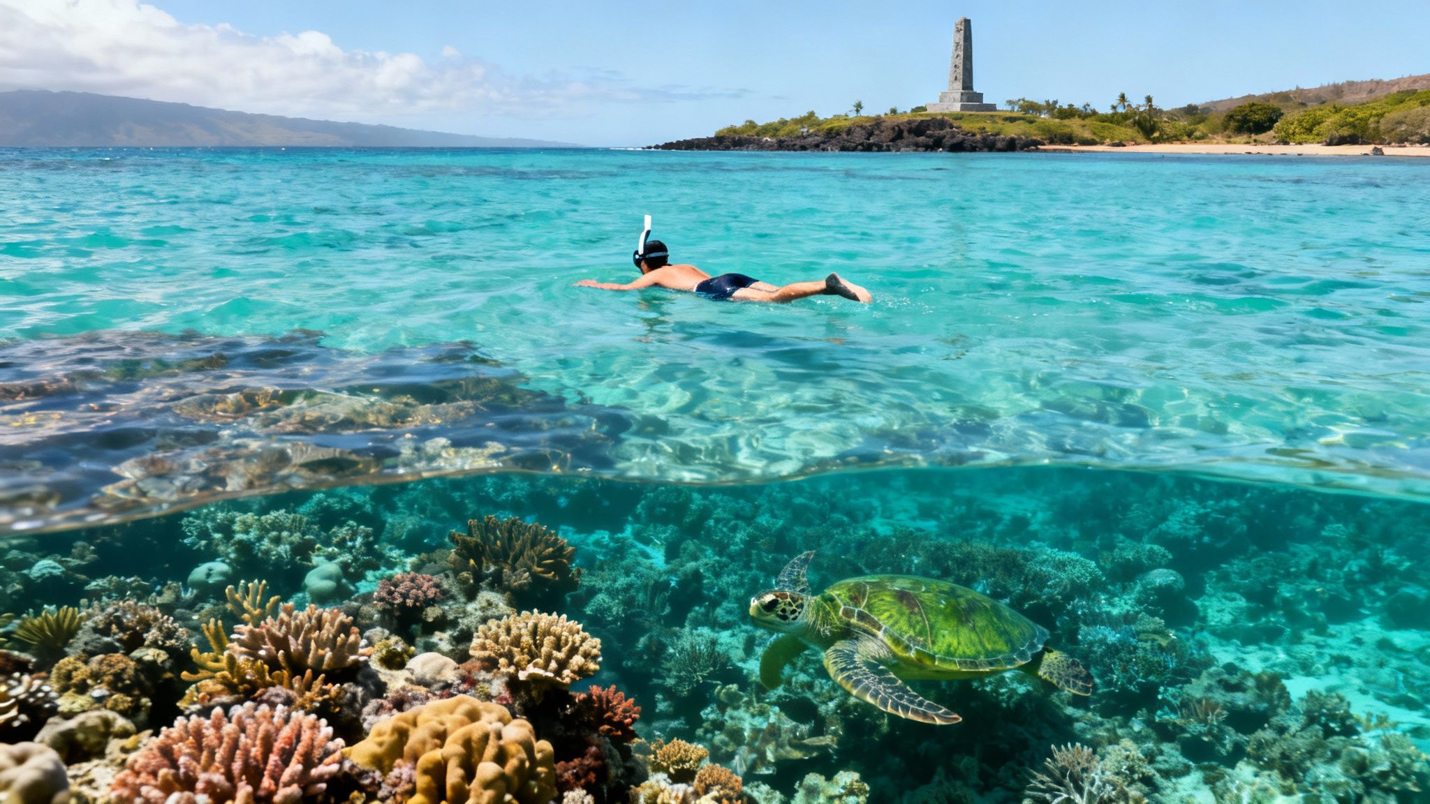 Snorkeler observes a vibrant coral reef and sea turtle in clear tropical waters near an island.
