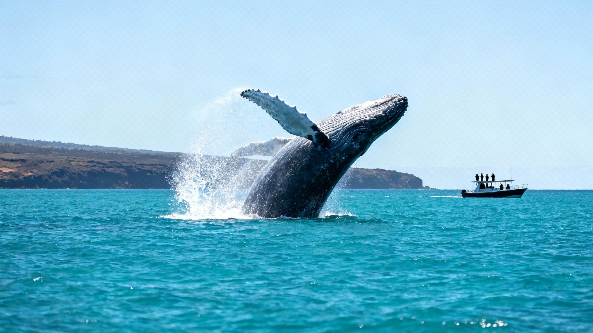 A majestic humpback whale breaches powerfully out of the turquoise ocean, watched by people on a nearby tour boat.