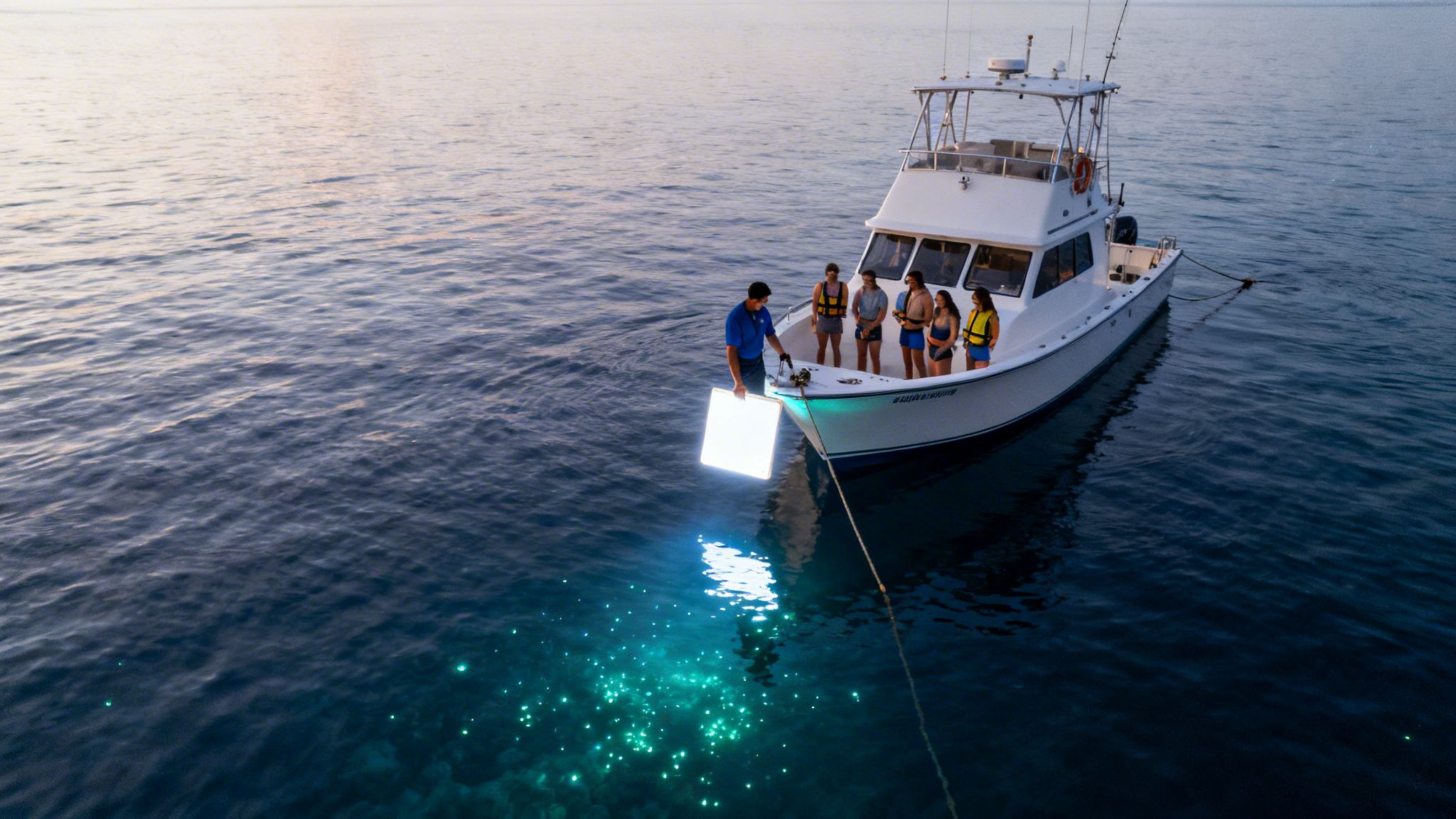 A boat at night with people watching a glowing bioluminescent light attracting sea creatures in the water.