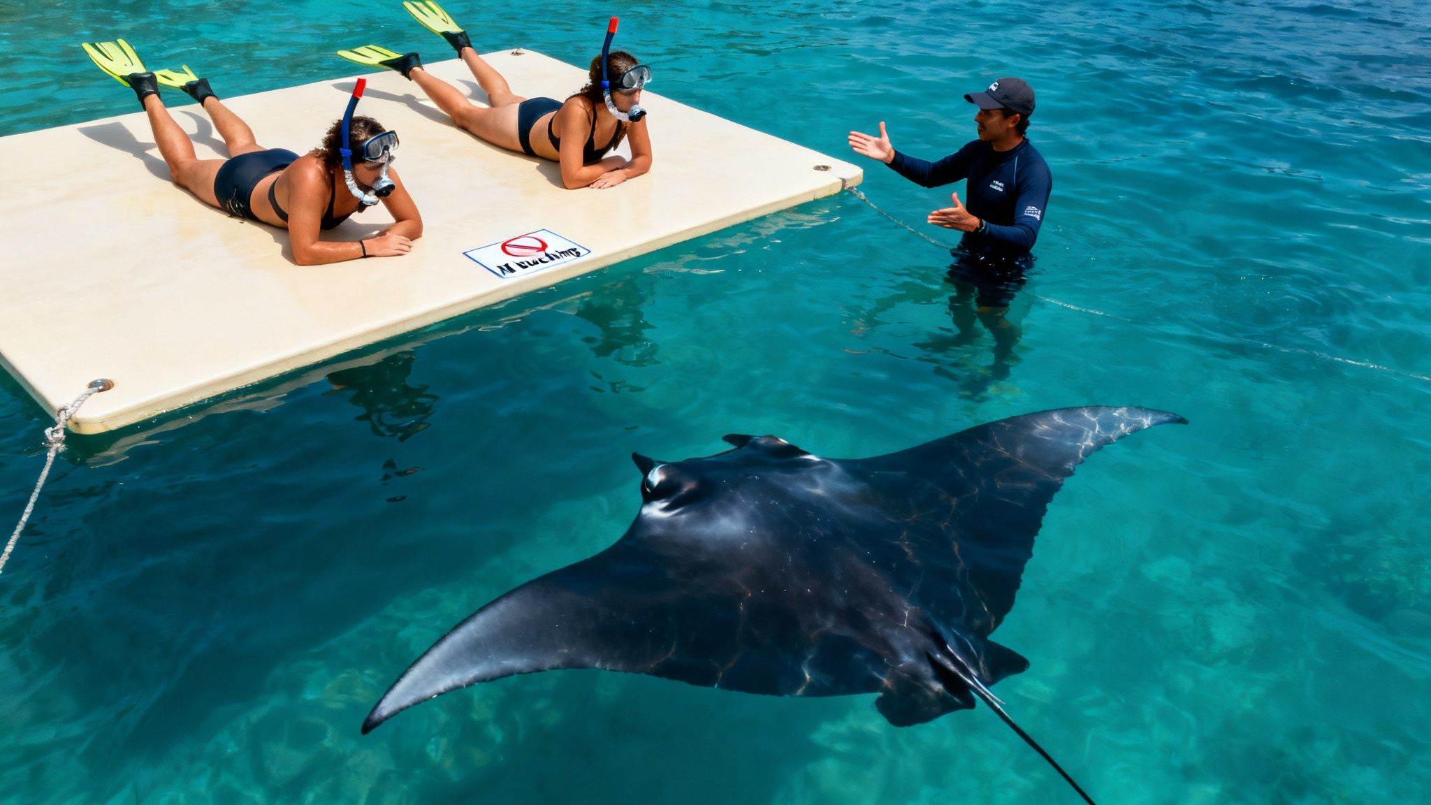 Two snorkelers on a floating platform observe a magnificent manta ray in clear blue water with a guide.