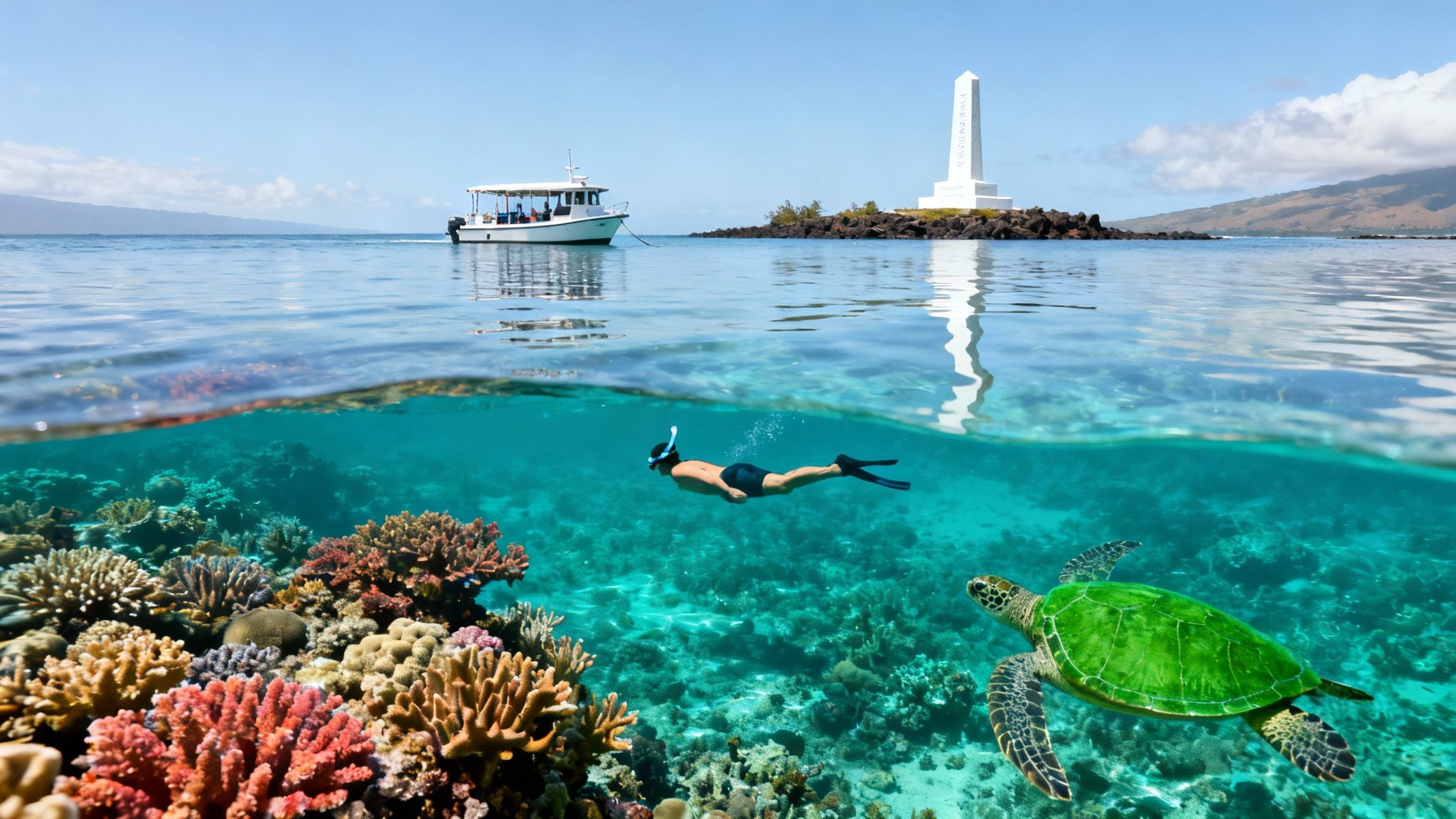 A split image showing a snorkeler, a sea turtle, and colorful coral reef underwater, with a boat and monument above.