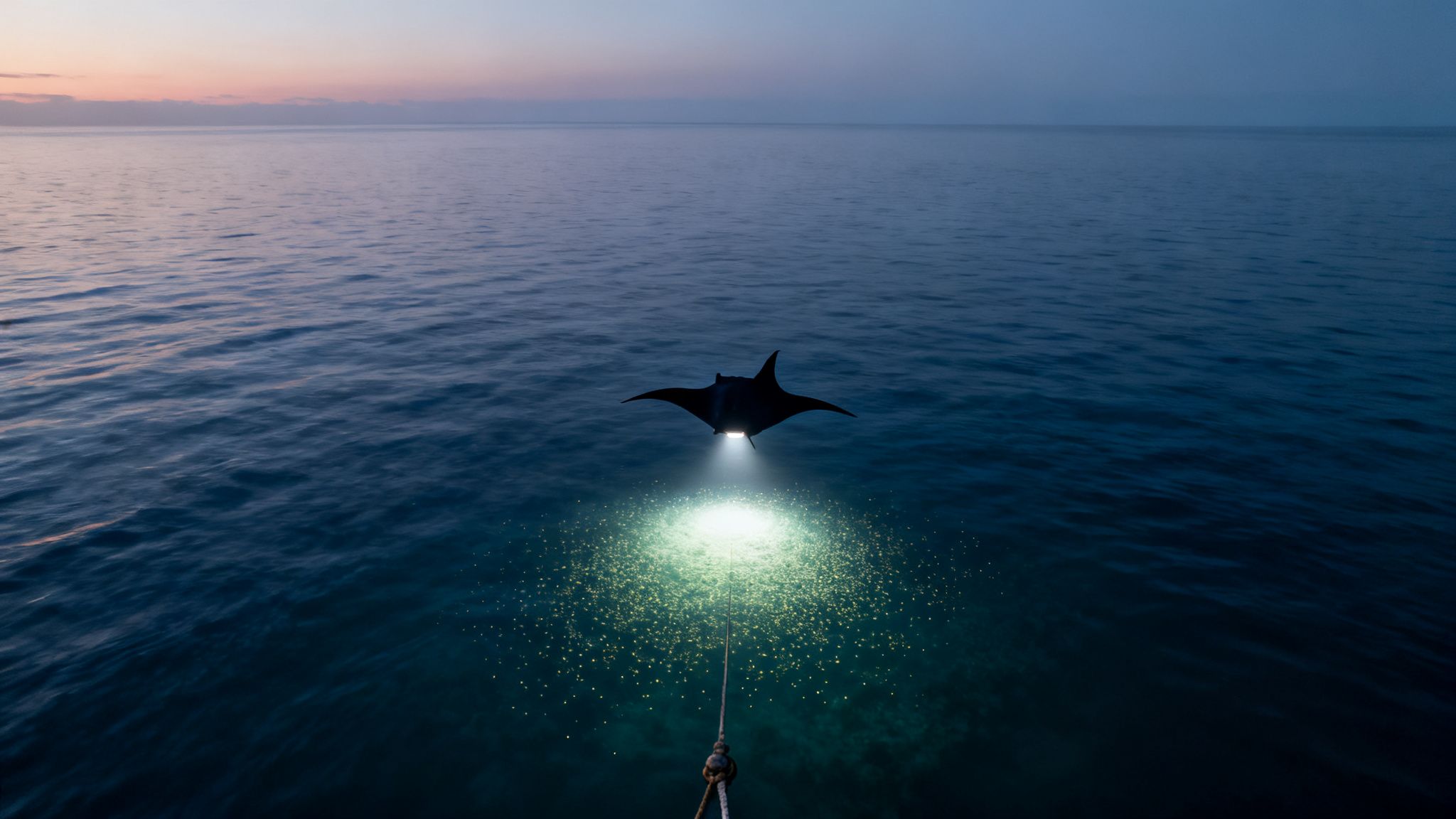 A majestic manta ray with a bright underwater light attracts glowing plankton at night.