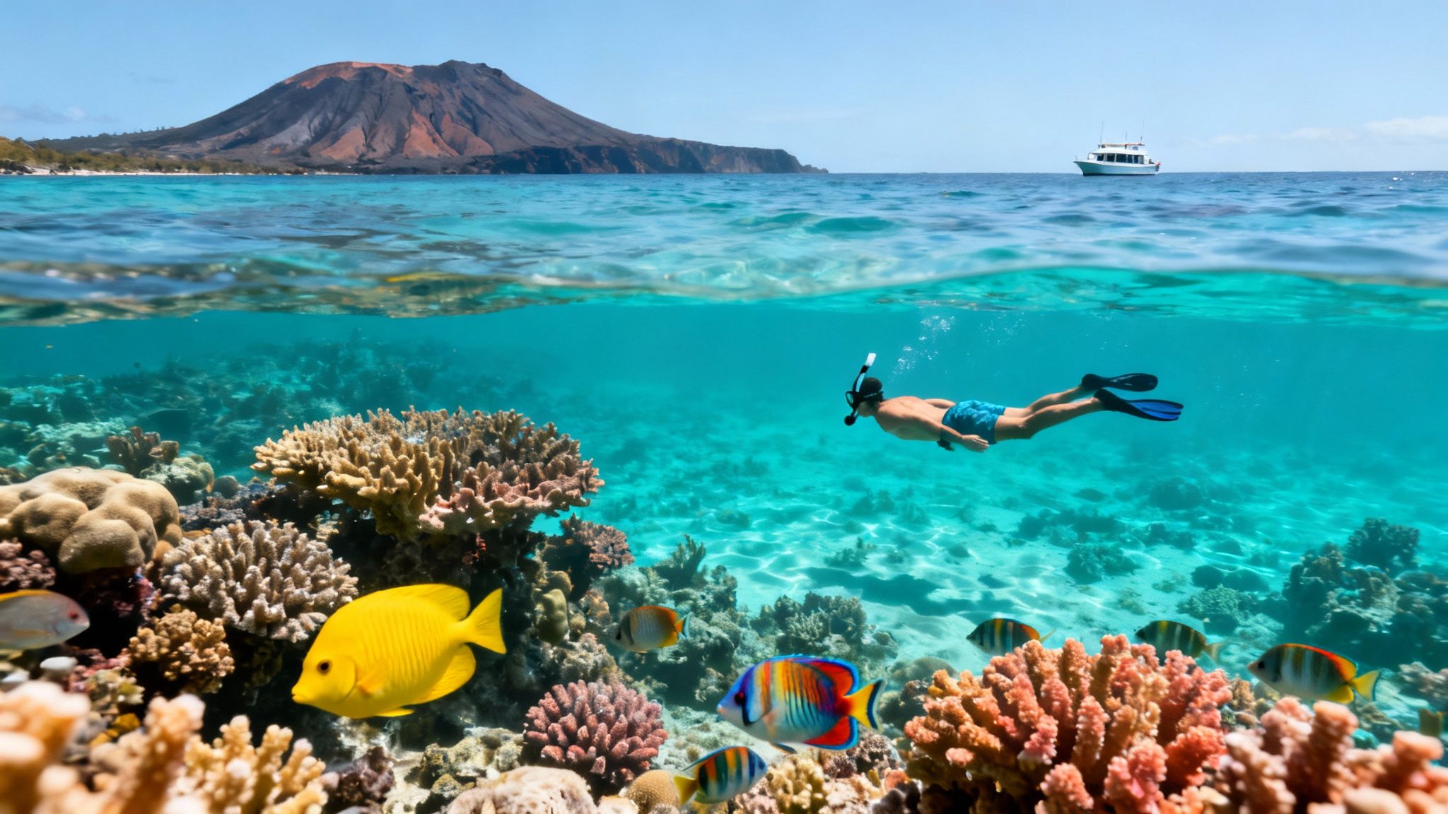 A split-level view of a person snorkeling over a vibrant coral reef with tropical fish and a volcanic island in the background.