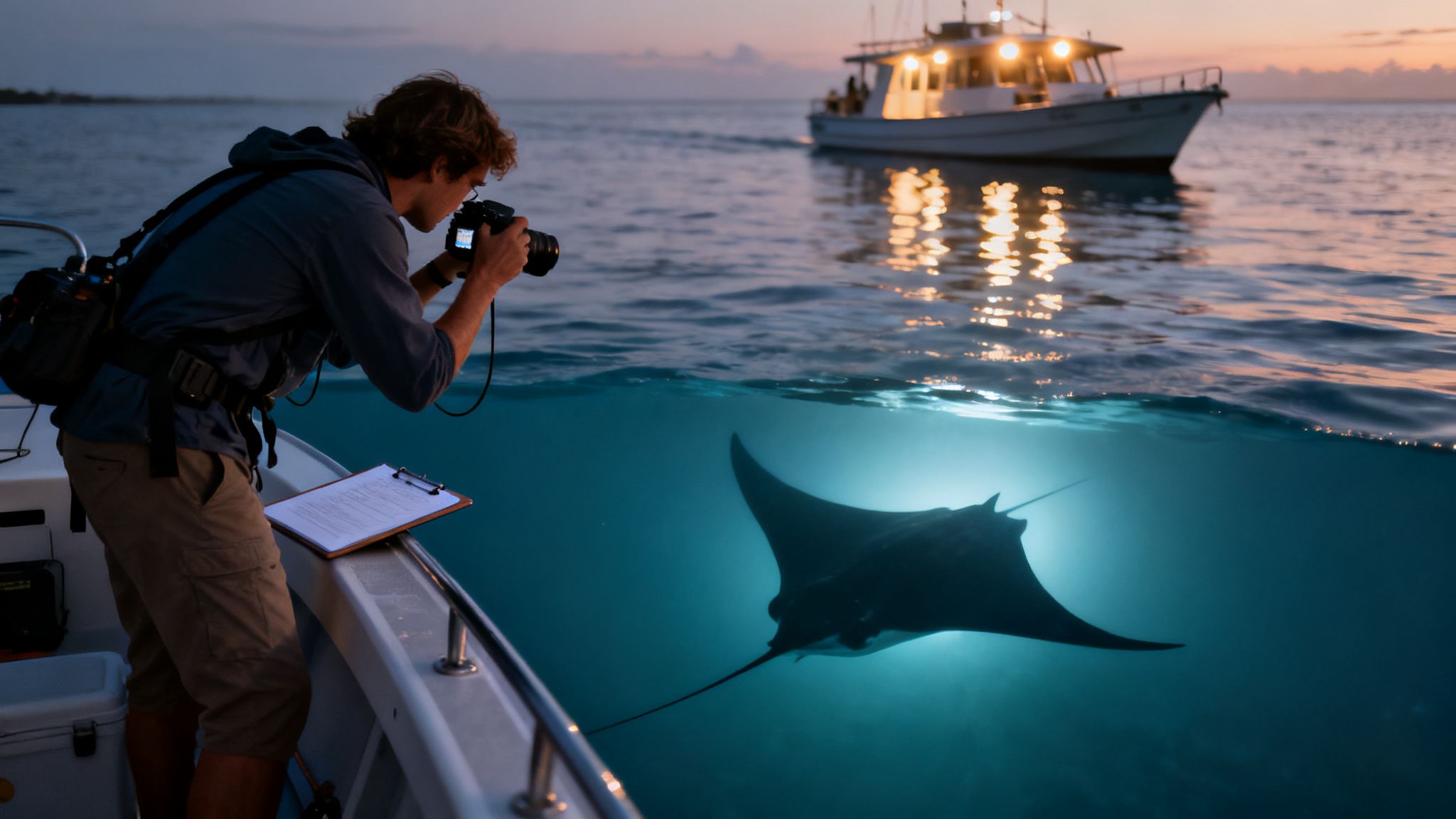 A photographer on a boat captures an underwater shot of a majestic manta ray at twilight.