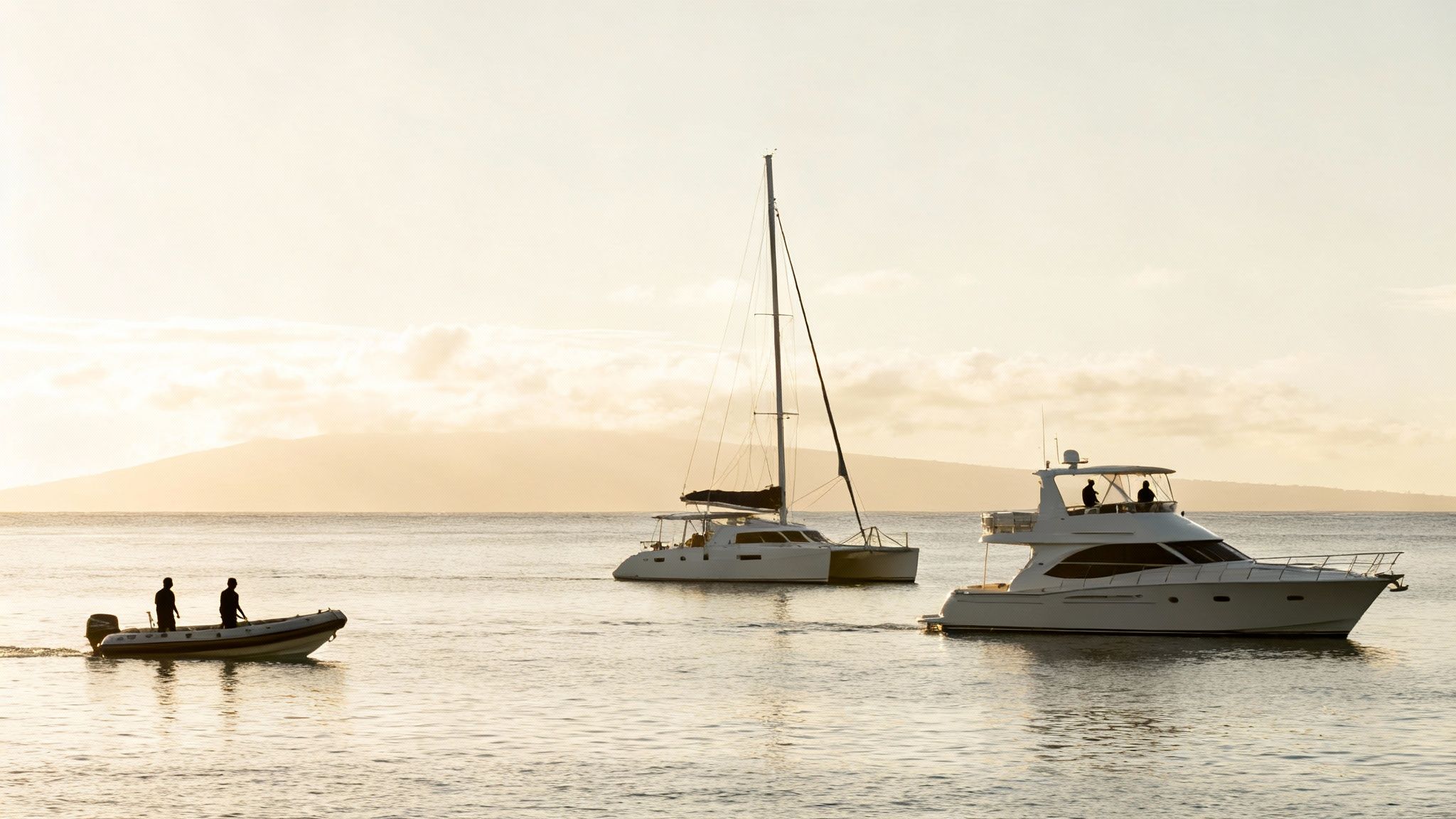Three boats anchored in calm tropical waters during golden hour sunset in Kona Hawaii