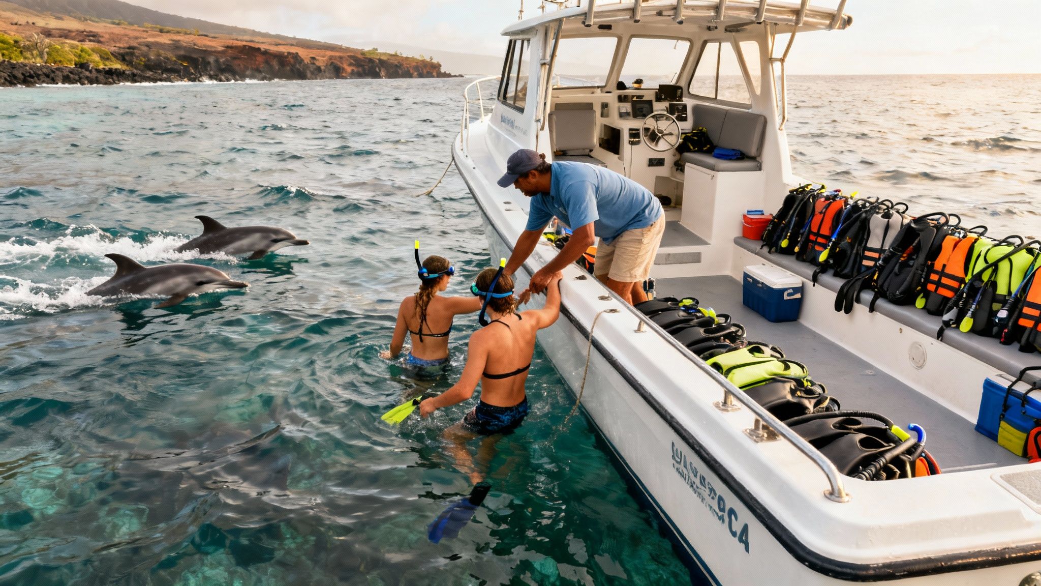 A man helps two women in snorkeling gear from a boat while two dolphins swim nearby in clear water.