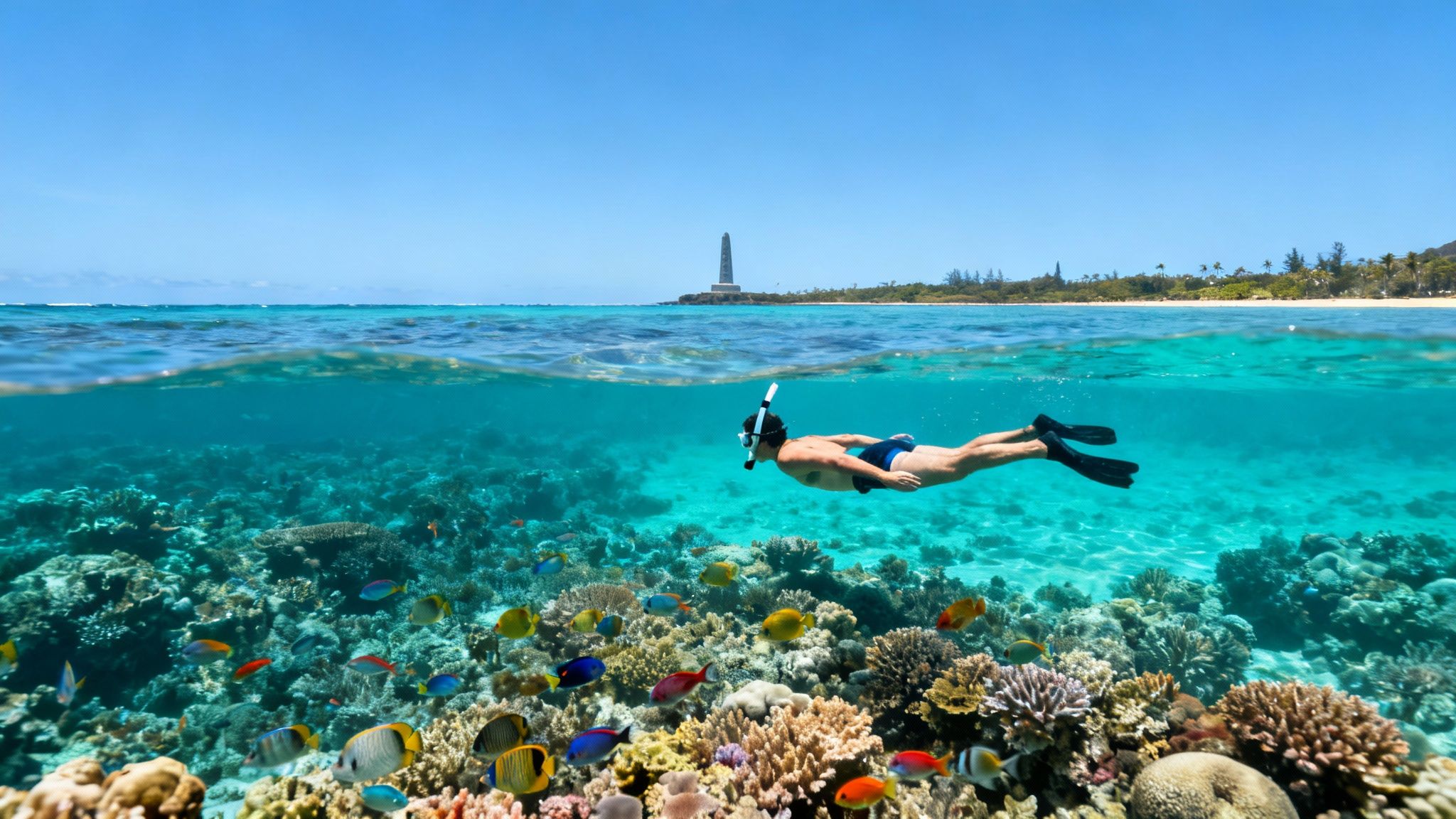 A person snorkeling above a vibrant coral reef with colorful fish, clear water, and a distant island lighthouse.