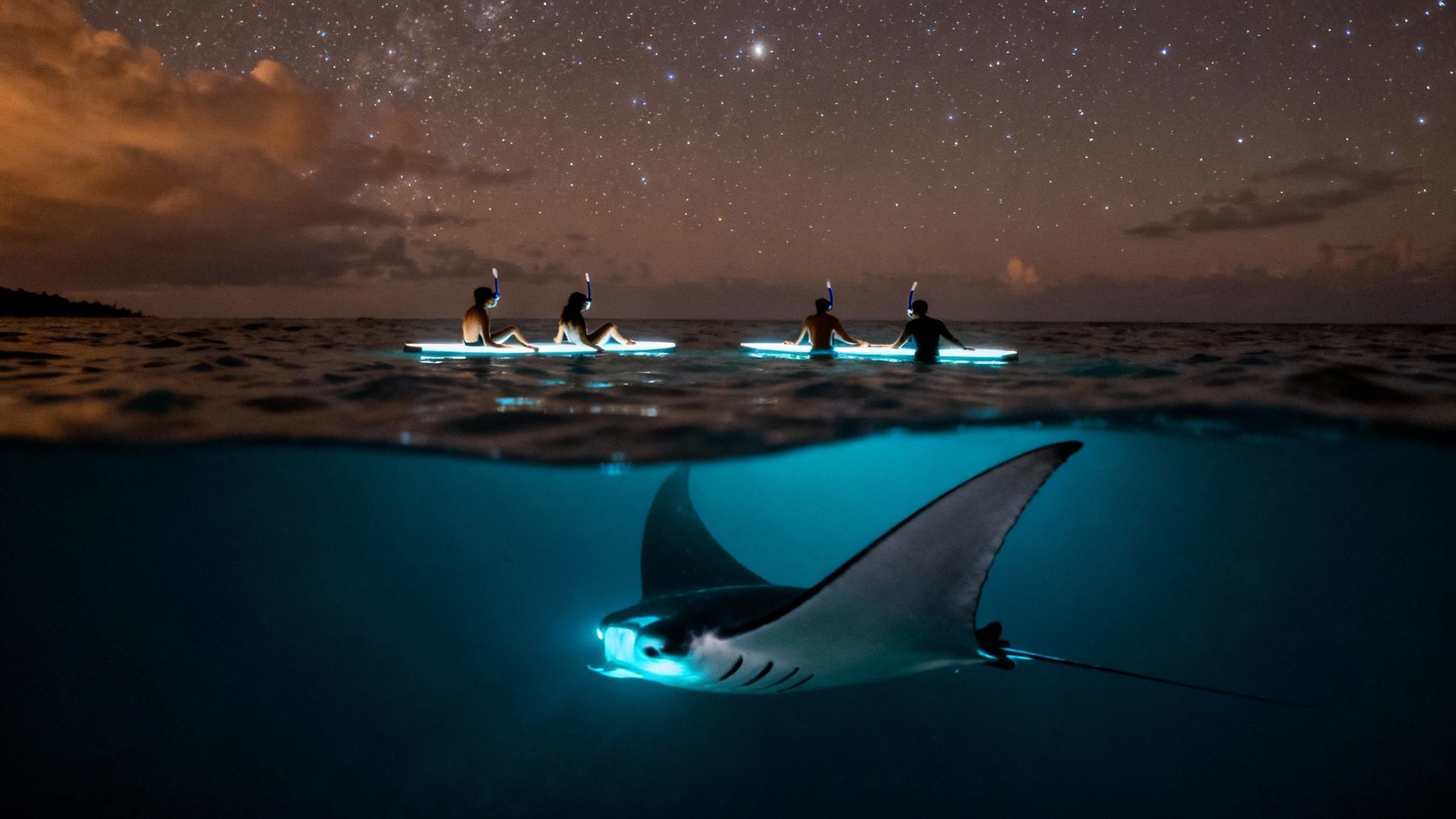 Split shot of snorkelers on glowing boards under stars and a bioluminescent manta ray.