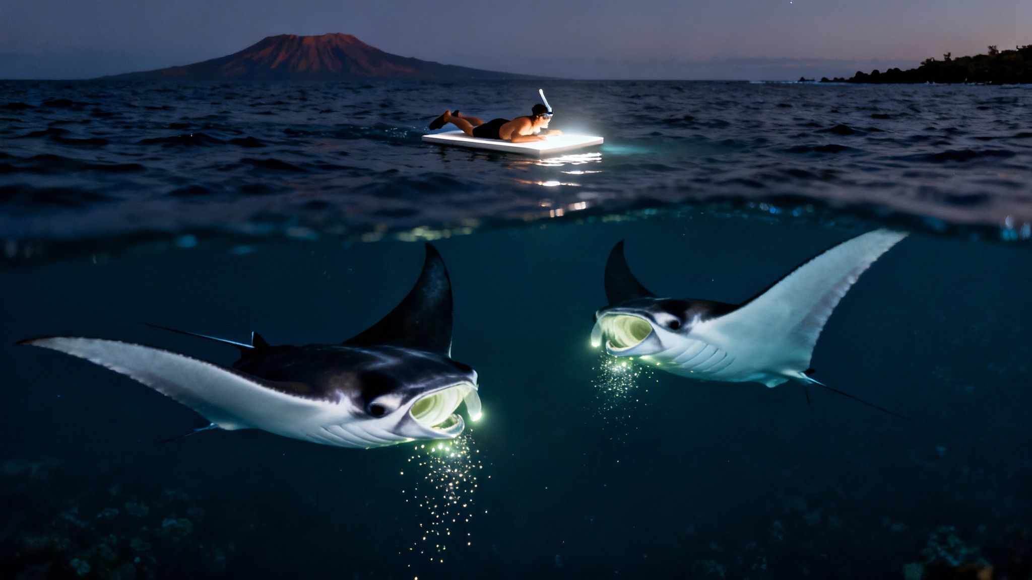 A person night snorkeling on a lighted board watches two manta rays feeding underwater near a volcano.