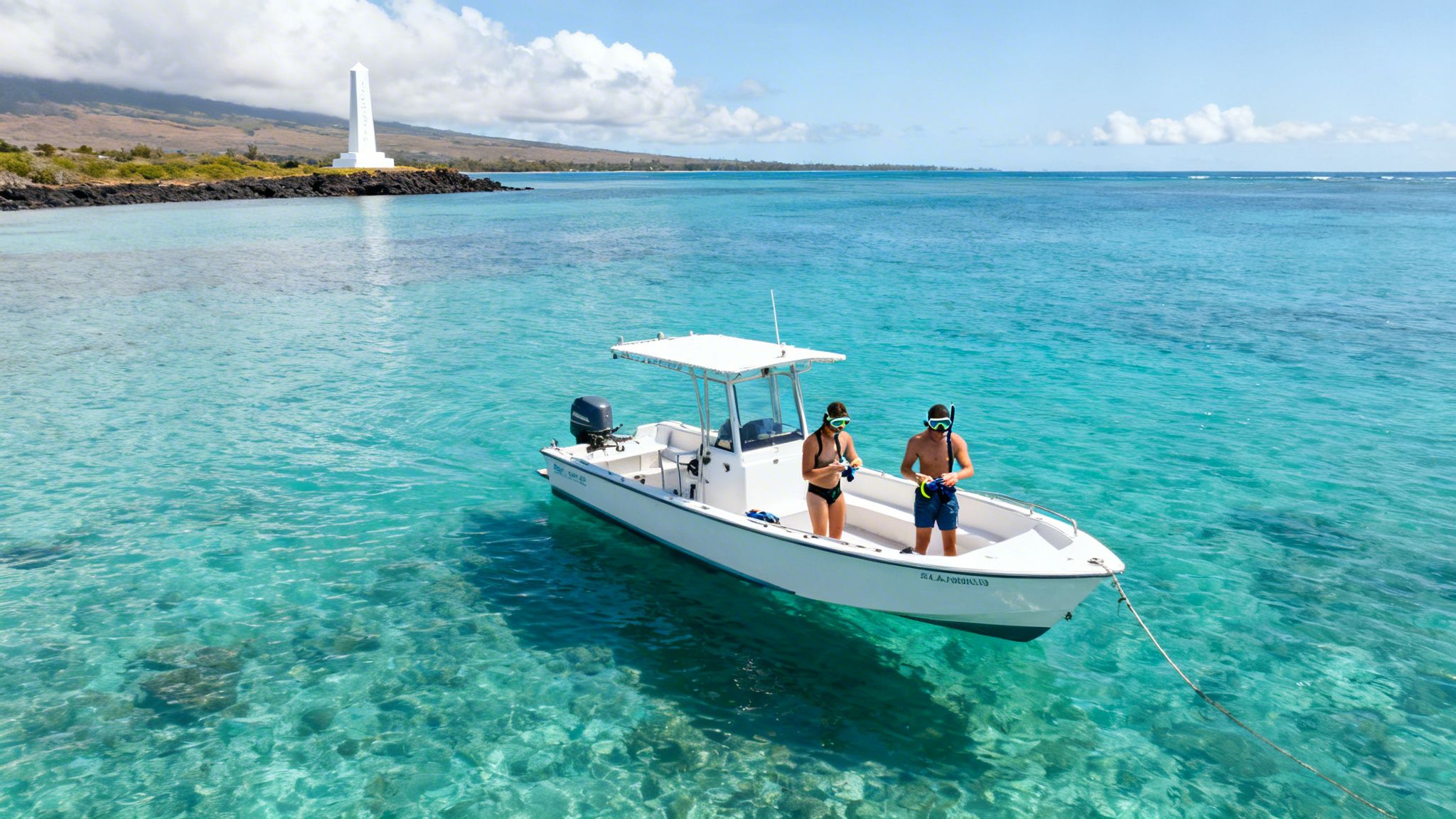 Two people in snorkeling gear on a white boat in clear blue water near a white monument.