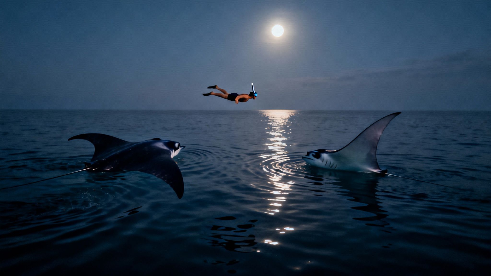 A person snorkeling at night with two manta rays under a bright full moon reflecting on the ocean.