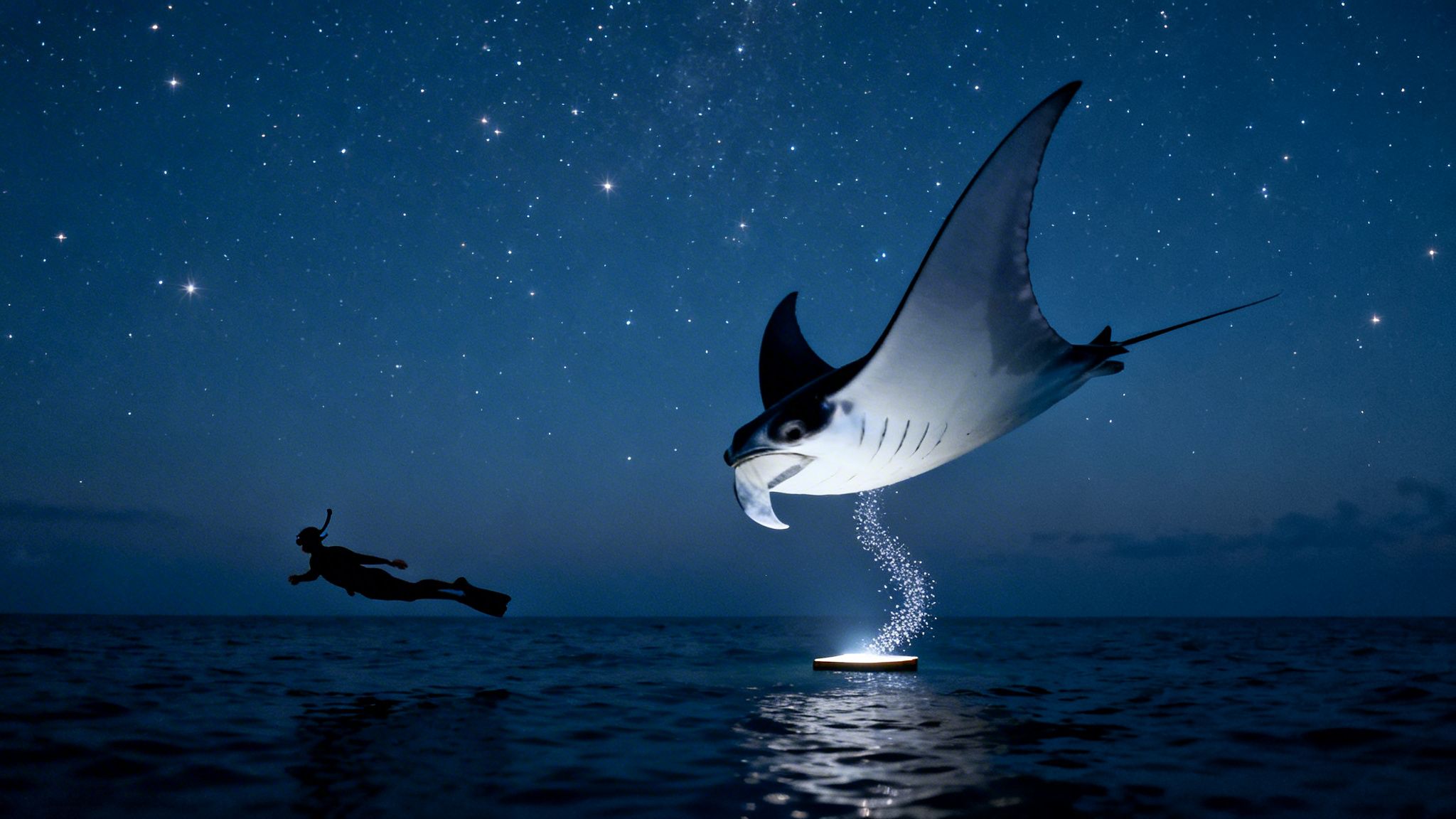 A night scene with a snorkeler watching a manta ray feeding from glowing light on the ocean surface.