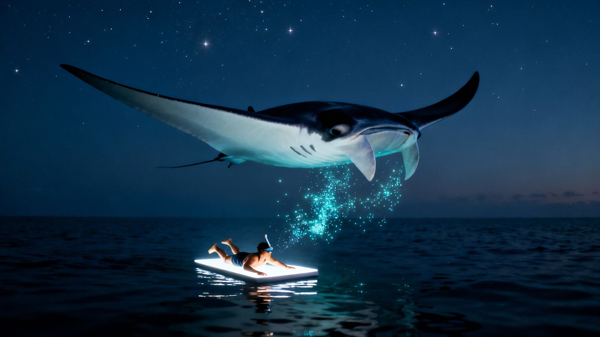A person on a glowing raft under a starry night sky, beneath a giant manta ray emitting light.