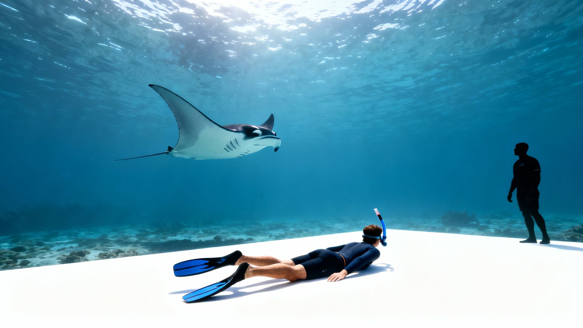 A majestic manta ray swims above two people on a white underwater platform, with sunlight streaming through.