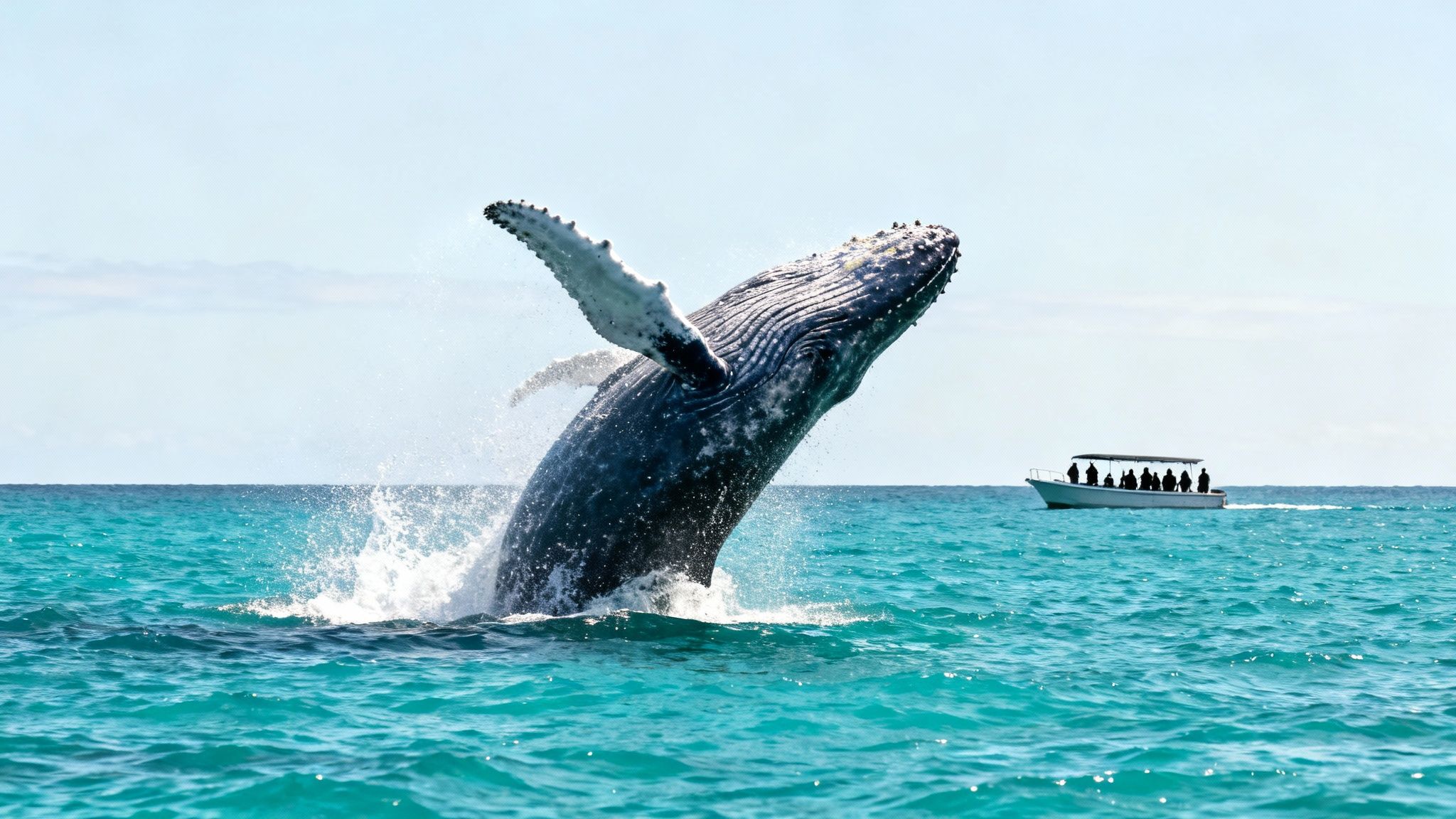 A majestic humpback whale breaches high out of the turquoise ocean, splashing water, near a small tourist boat.