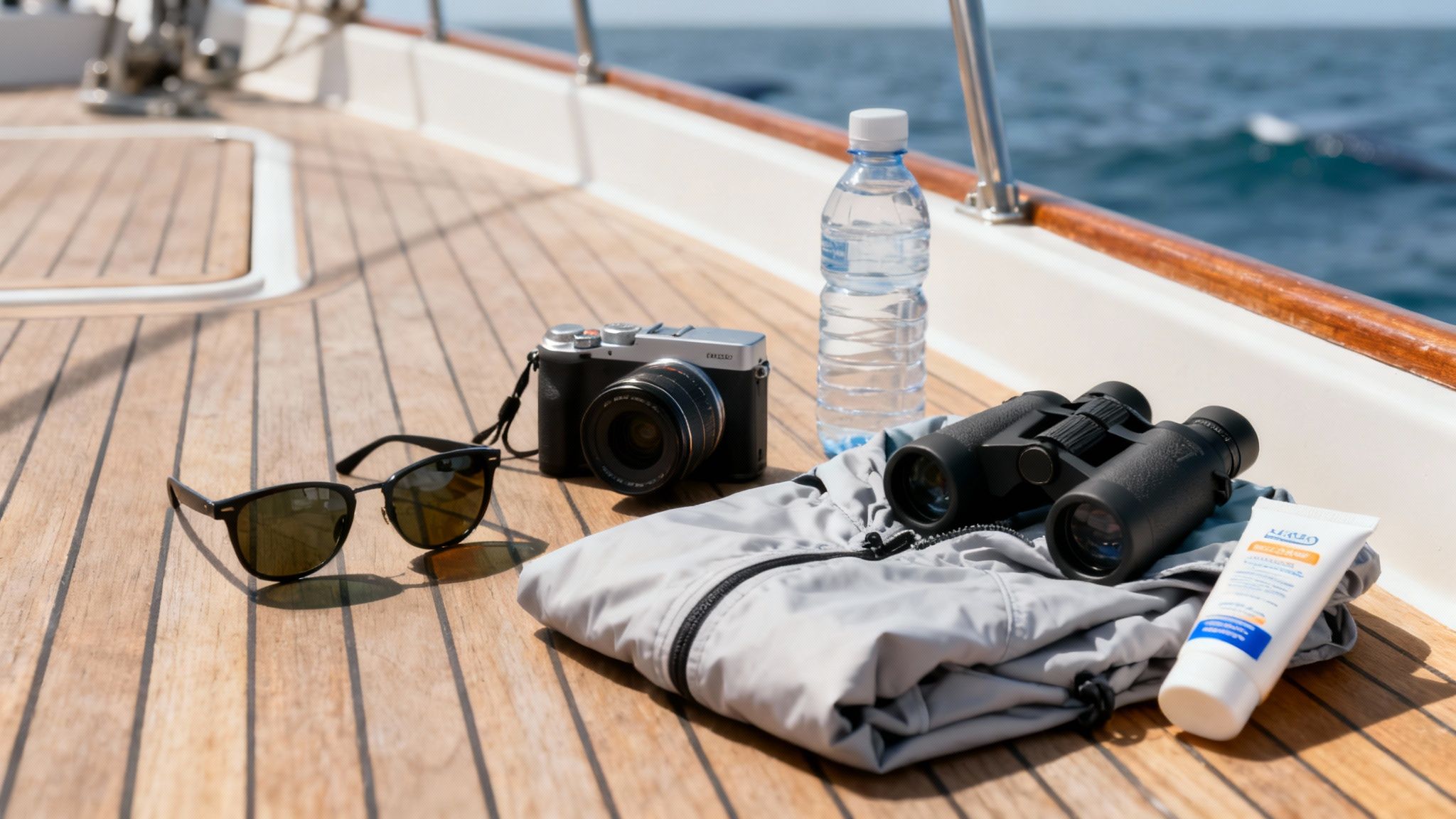 Layered clothing and sunglasses laid out for a whale watching tour.