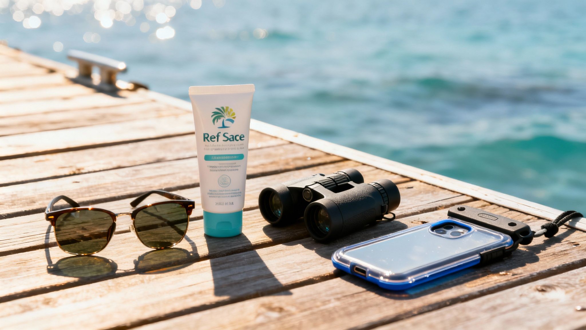 Sunscreen, sunglasses, binoculars, and a smartphone in a waterproof case on a wooden dock overlooking the sea.
