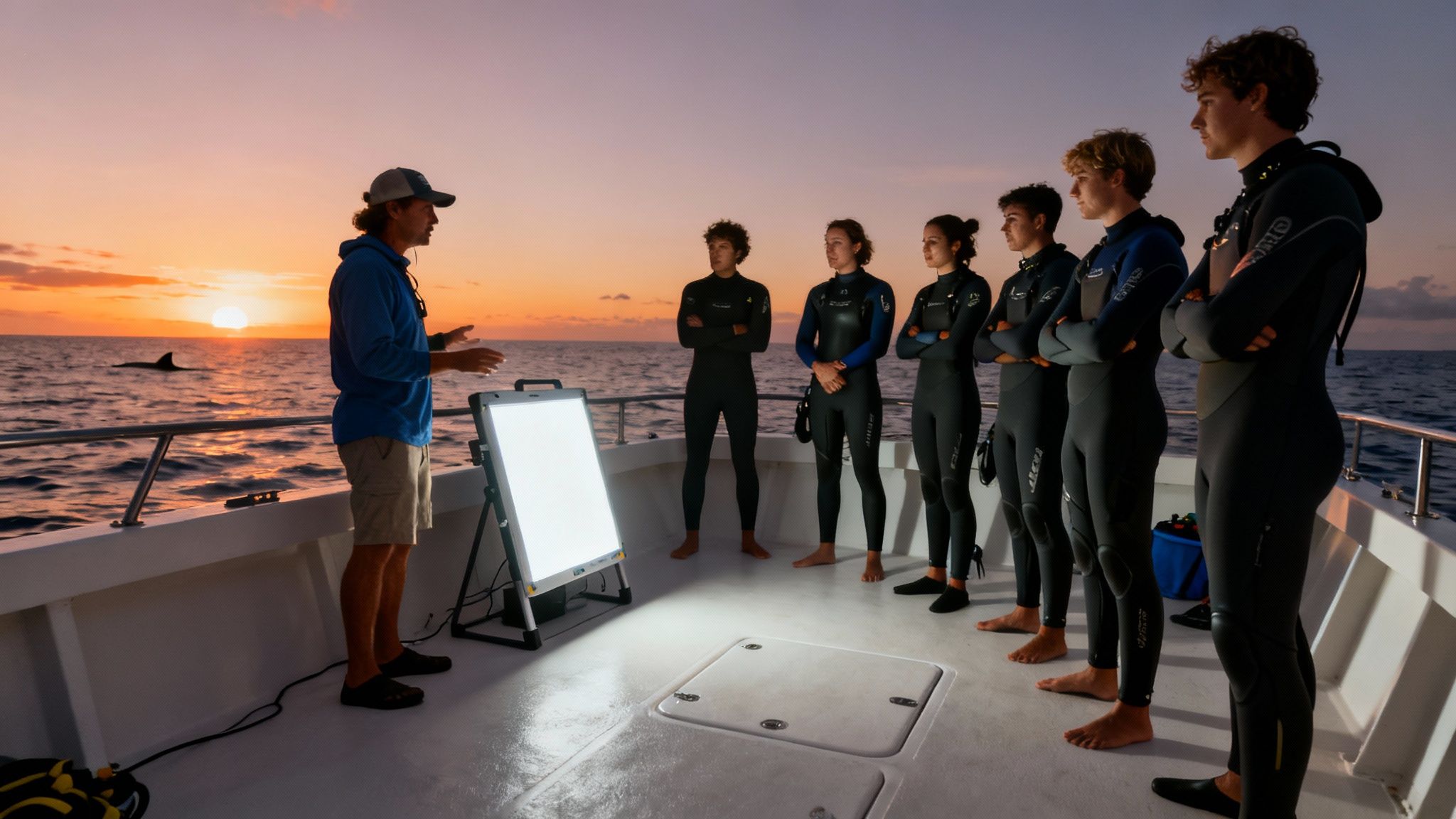 Instructor talking to divers in wetsuits on a boat at sunset, with a whale fin visible.
