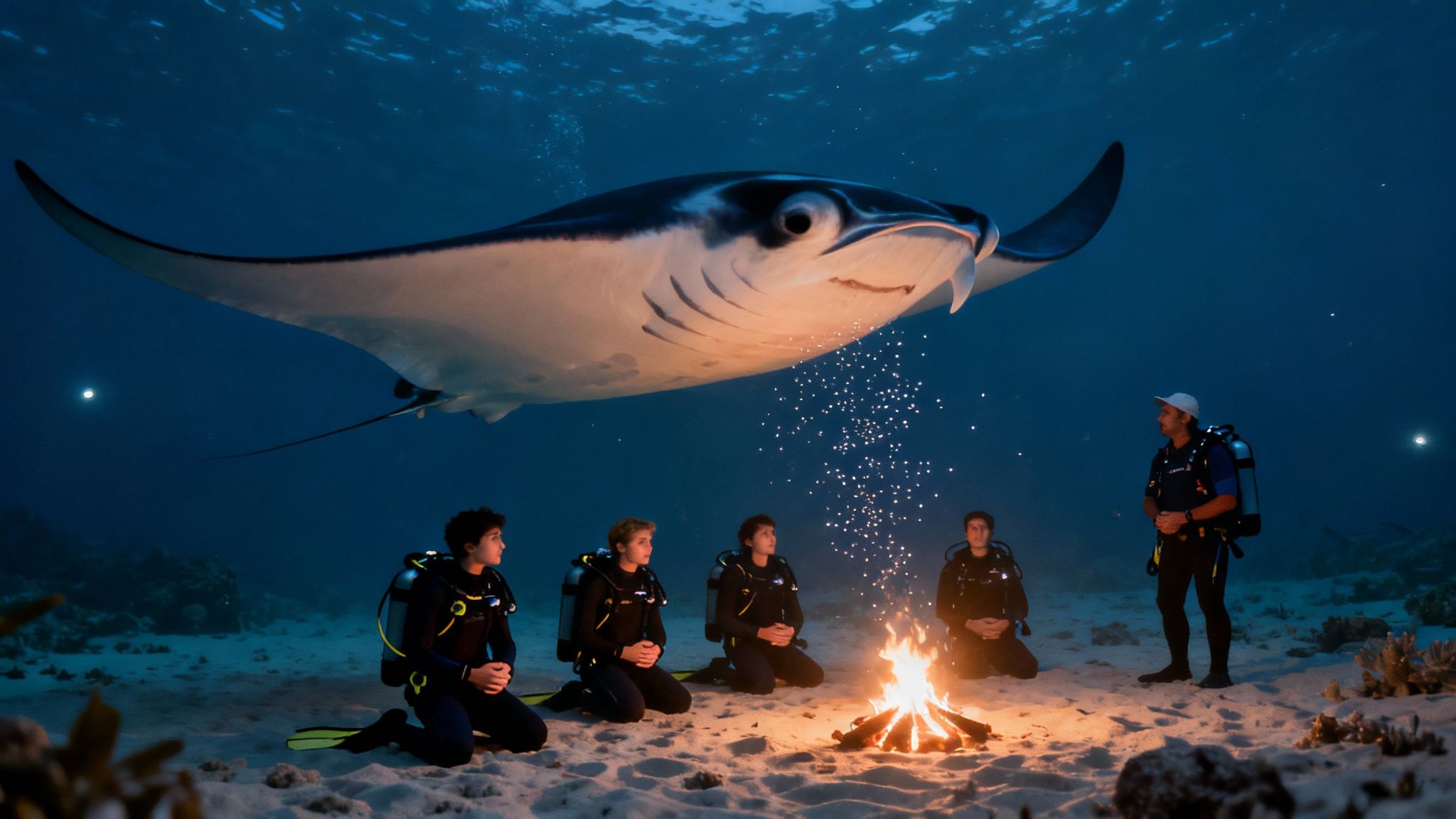Divers sit around an underwater campfire as a large manta ray majestically swims above them.