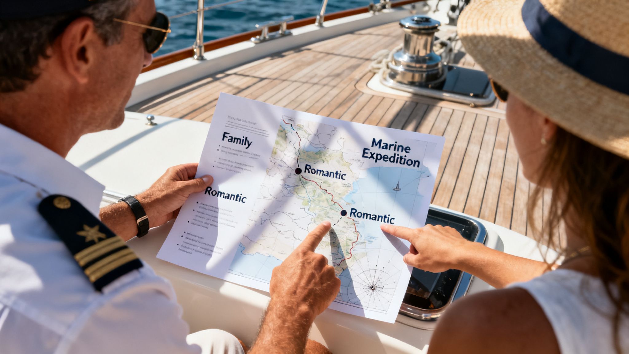 A couple on a yacht pointing to a map with "Romantic" and "Marine Expedition" labels.