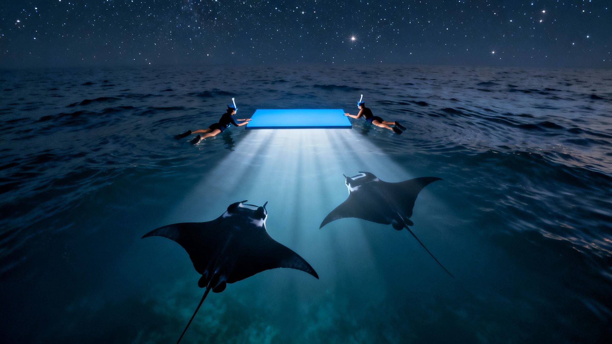 Two snorkellers hold a glowing platform in the ocean at night, illuminating two majestic manta rays below.