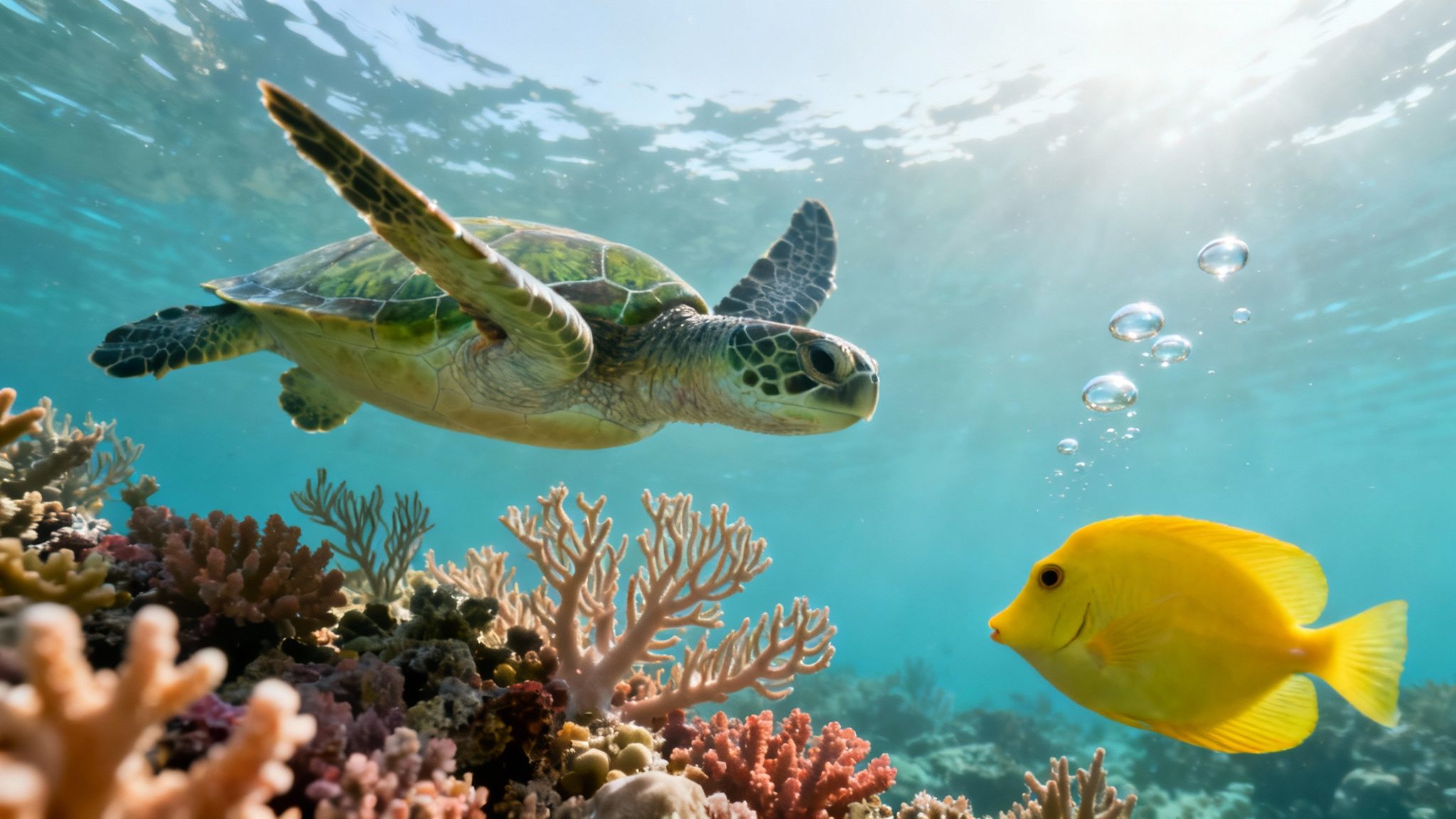 A green sea turtle swims gracefully over a vibrant coral reef, with a yellow tang fish and sun rays.