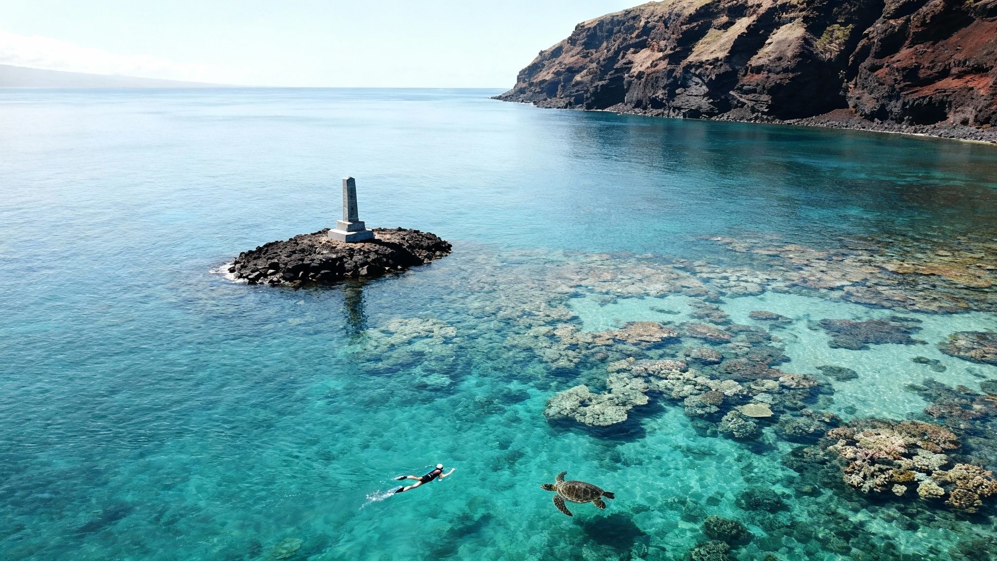 An aerial view of a person snorkeling next to a sea turtle over vibrant coral reefs in clear blue water.