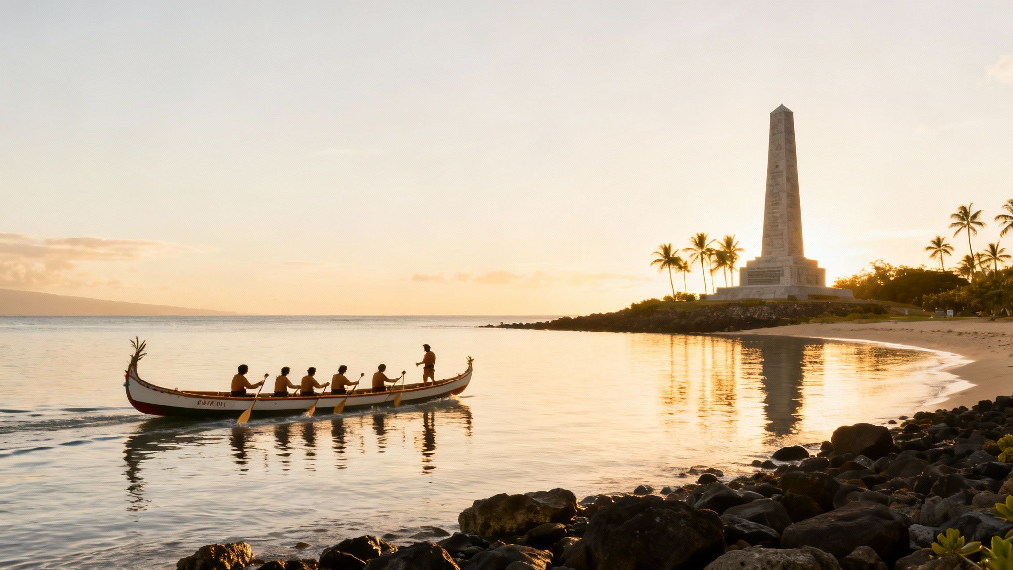 Traditional Hawaiian canoe with paddlers at sunrise near the Captain Cook Monument and beach.