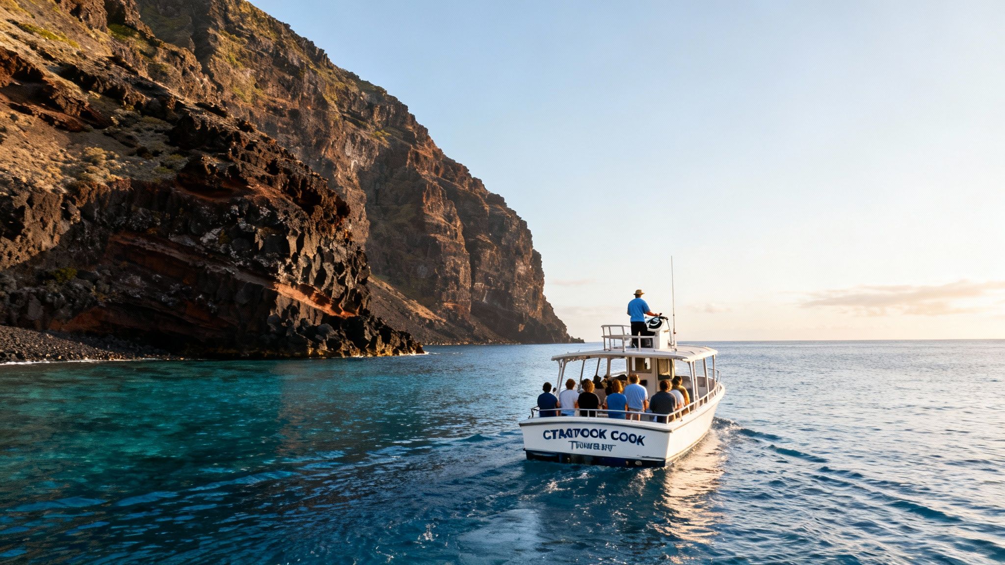 A white boat named 'Captain Cook' with passengers and a captain steers past a towering rocky cliff on clear blue ocean.