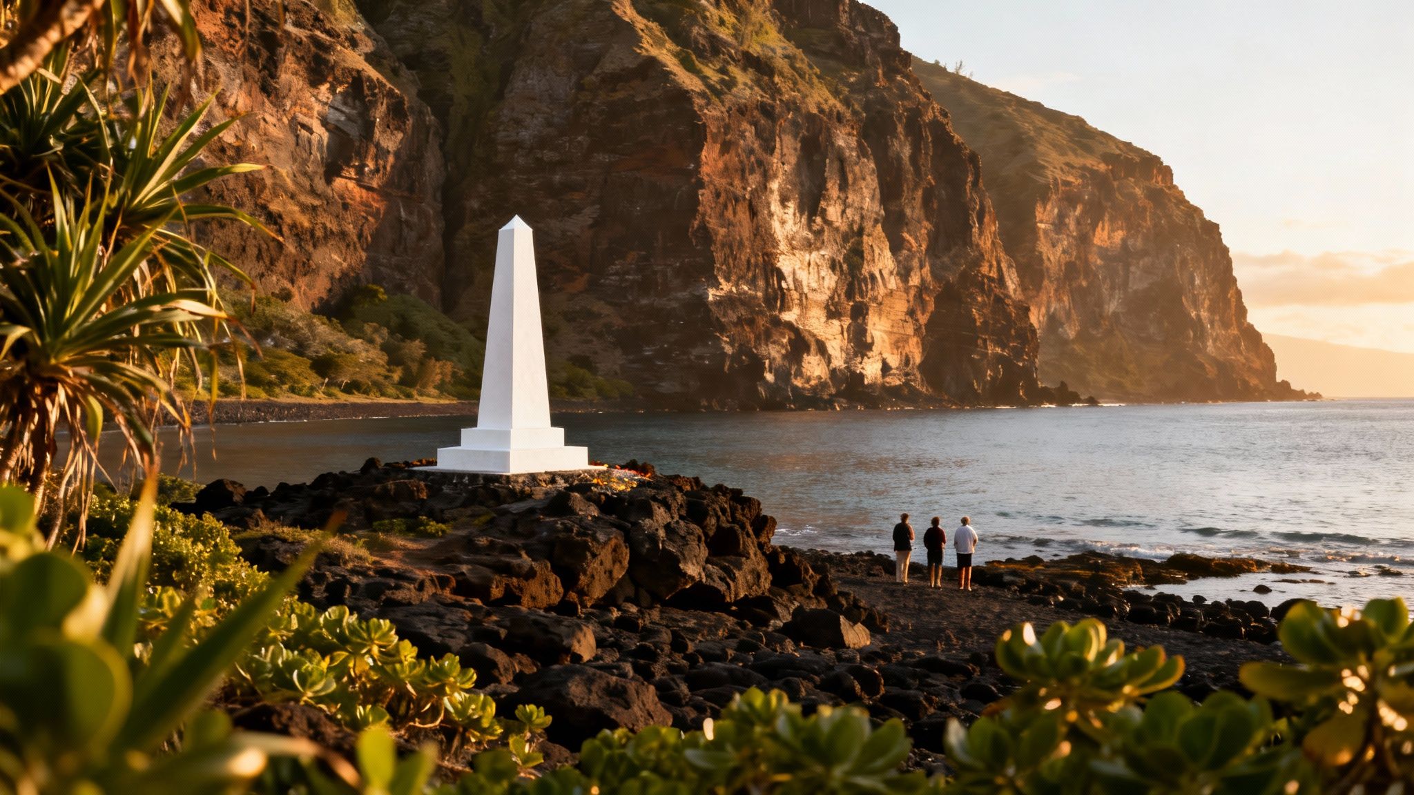 White obelisk monument on a rocky Hawaiian shore at sunset, with three people and large cliffs.