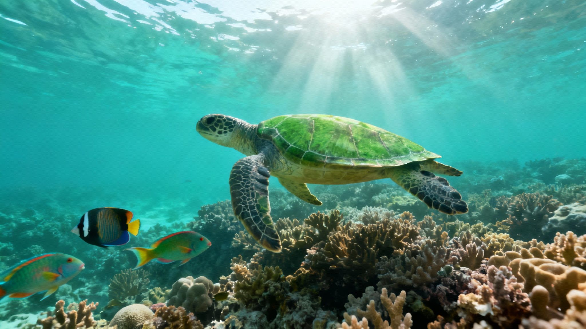 A vibrant underwater scene showing a green sea turtle swimming over a colorful coral reef.