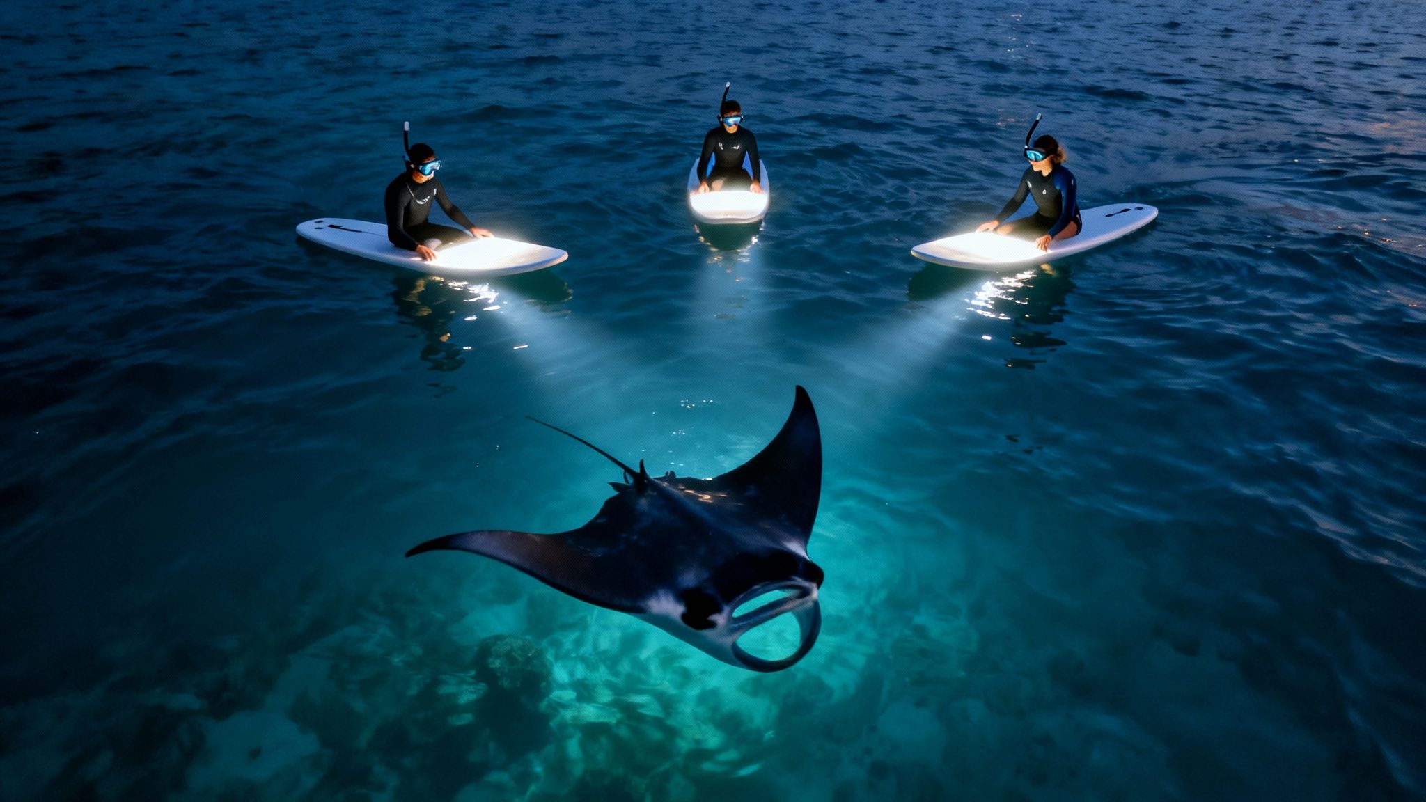 Three snorkelers on illuminated boards watch a majestic manta ray swim at night.