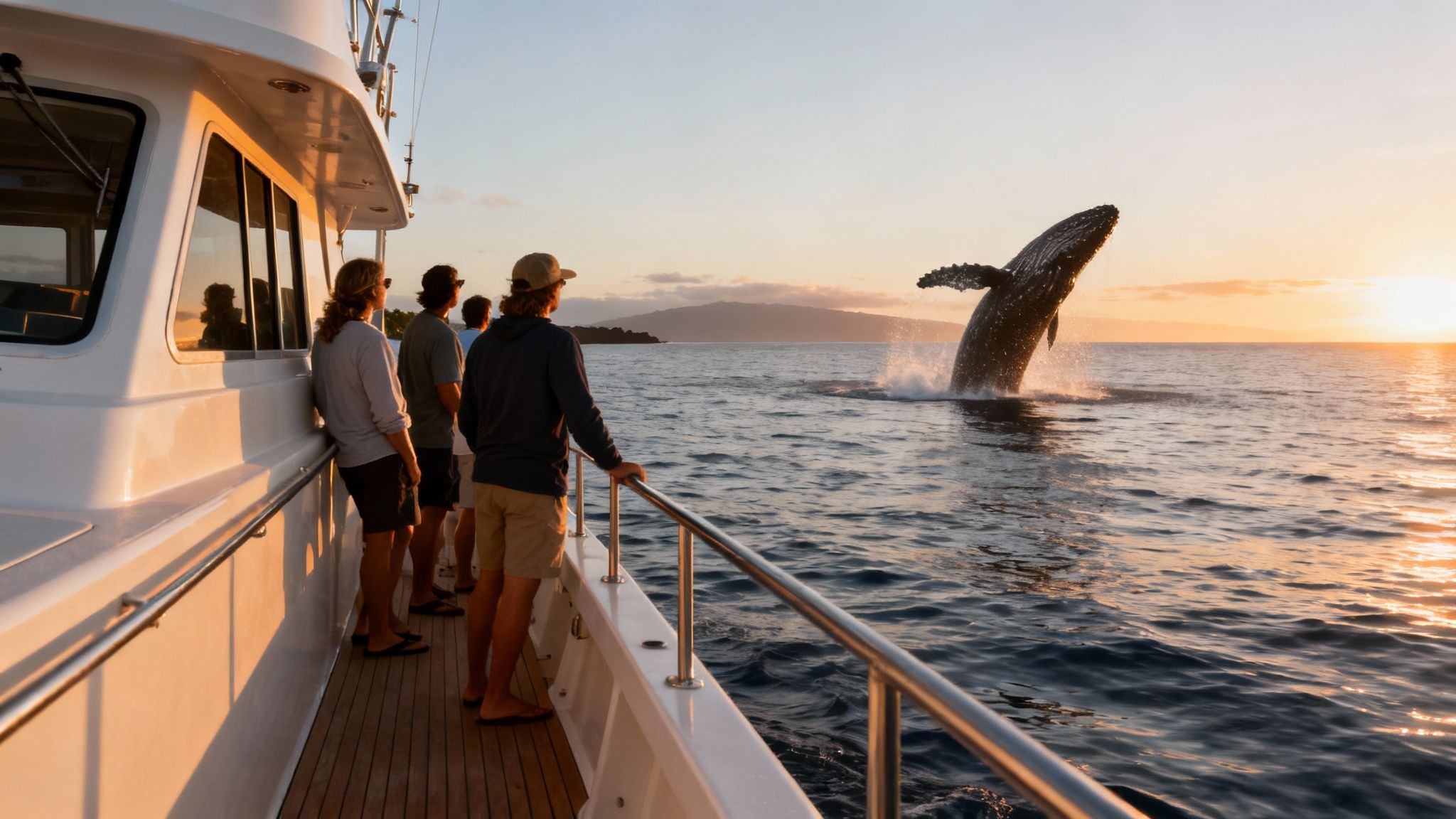 People on a boat watch a humpback whale breaching out of the ocean at sunset.