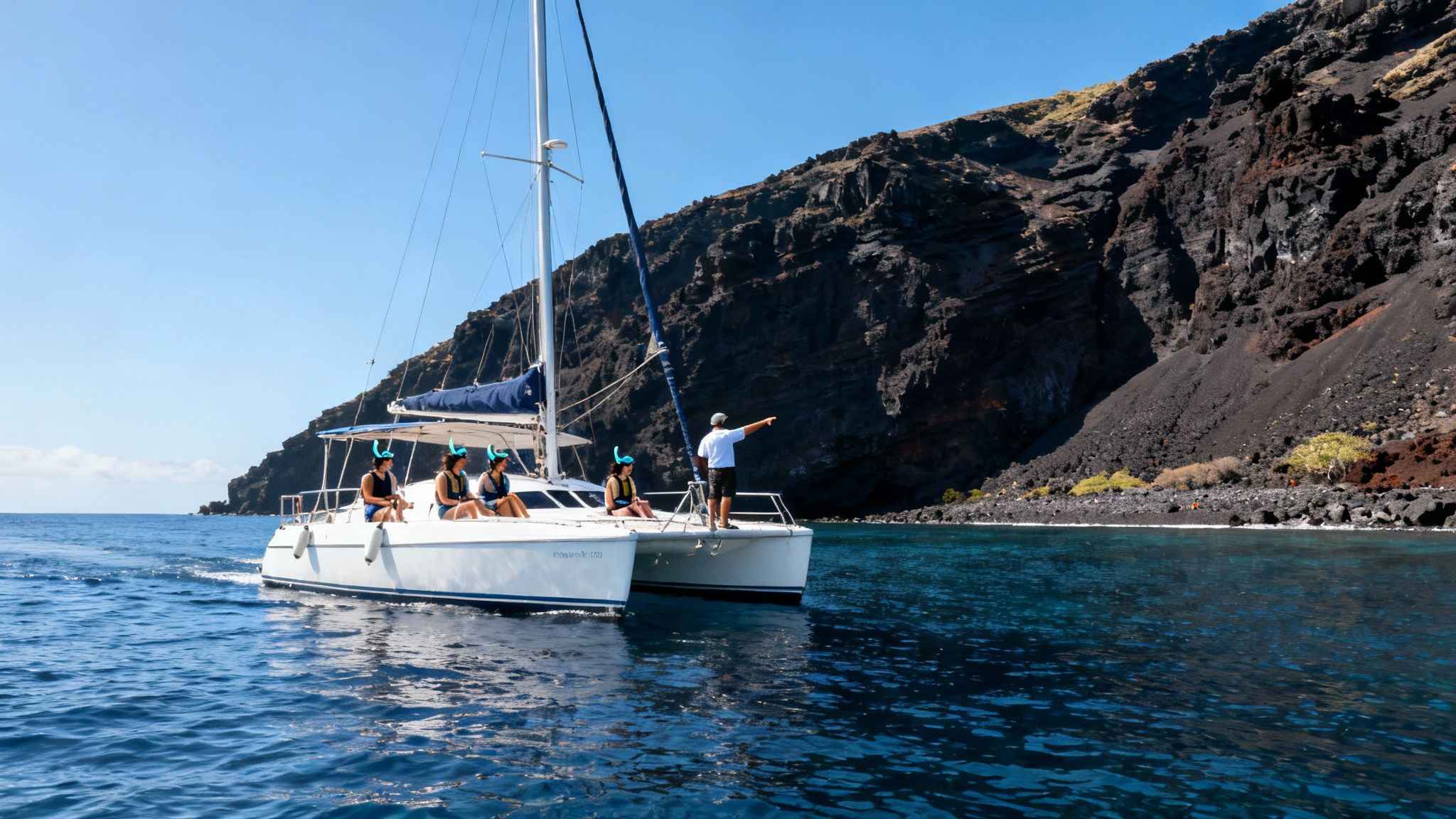 A catamaran full of snorkelers on a clear blue sea, with a guide pointing to a dark, rocky shore.