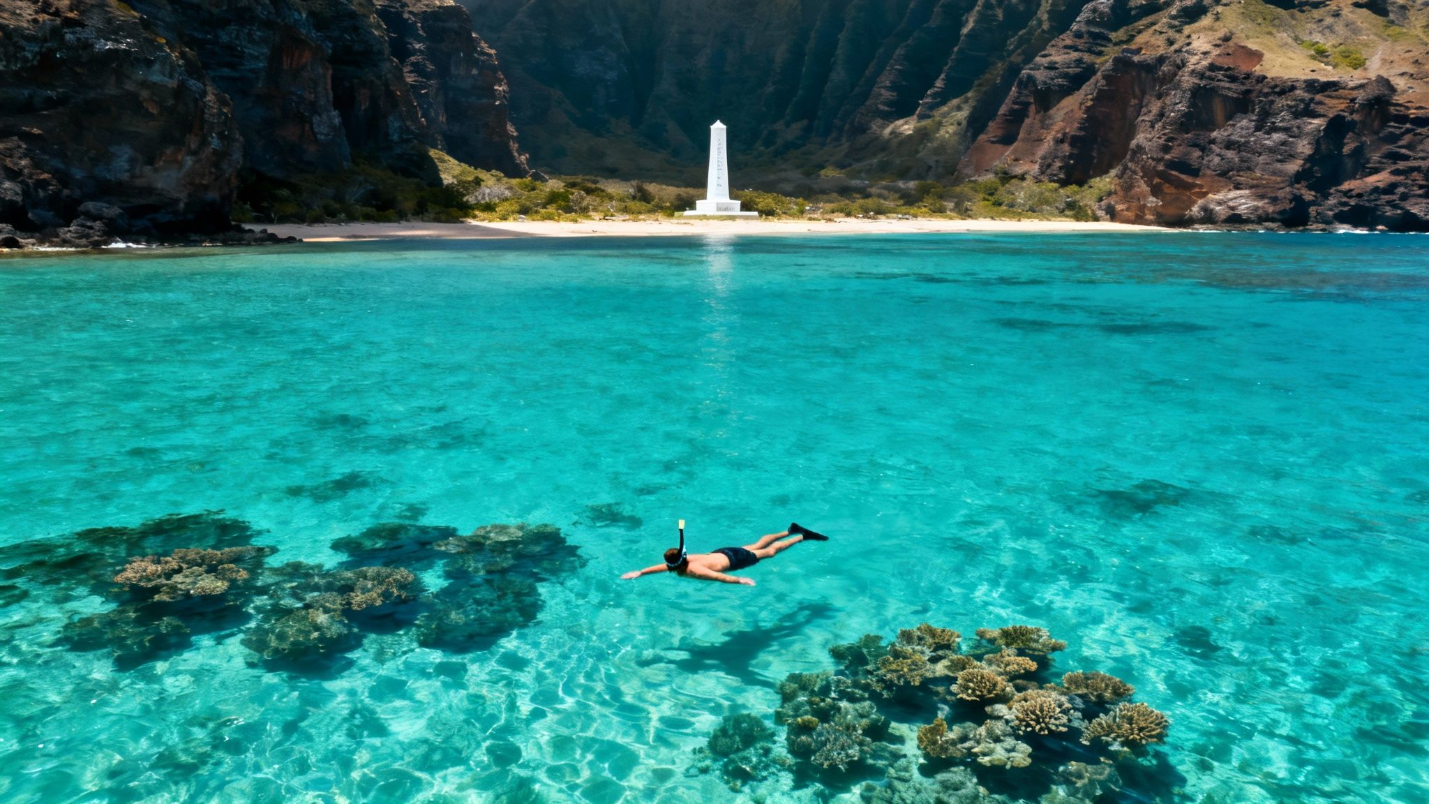 A vibrant underwater scene with colorful coral reefs and tropical fish at Kealakekua Bay
