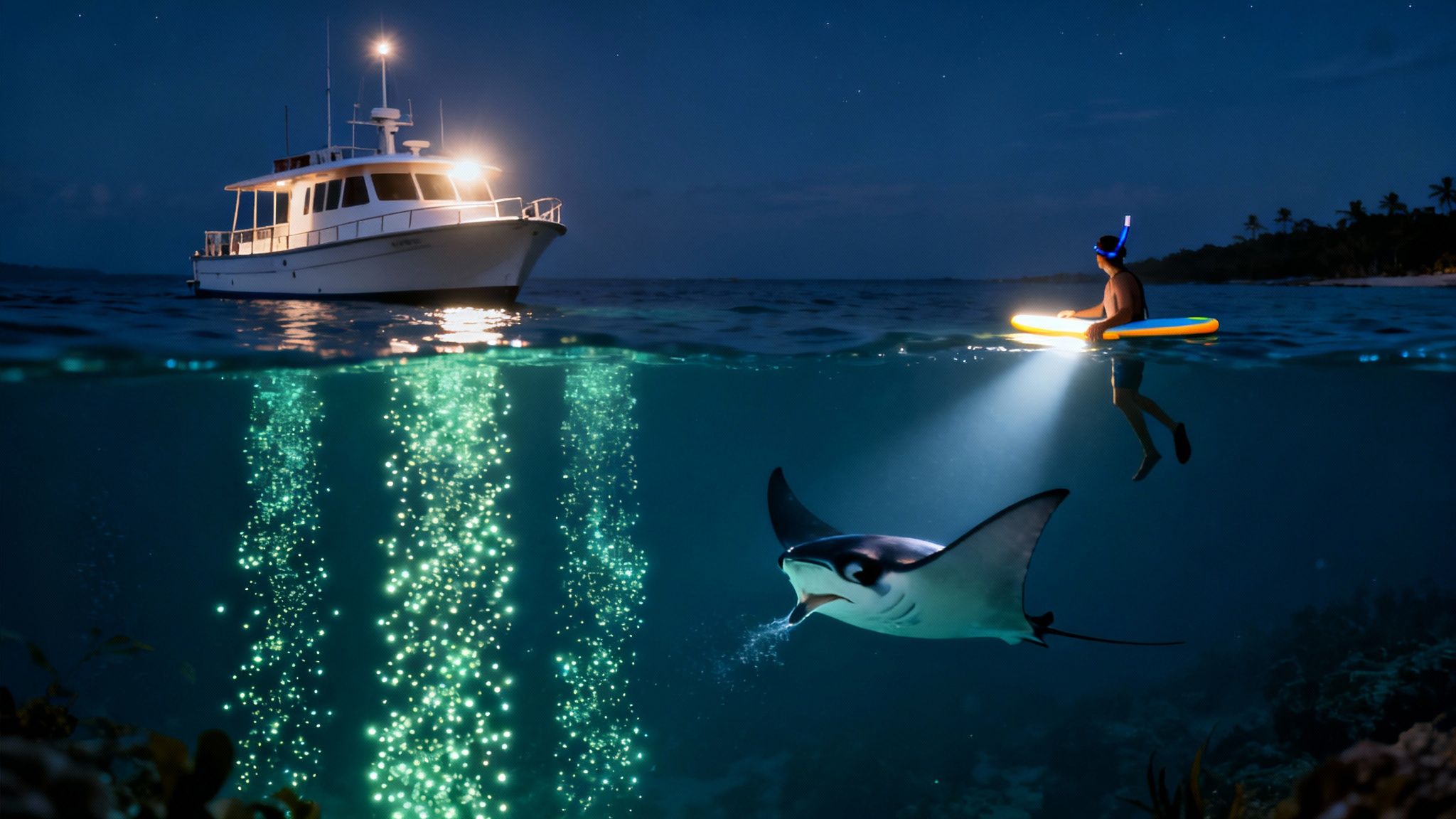 Night snorkeling scene with a person on a glowing board, a boat, and a manta ray underwater with bioluminescent bubbles.