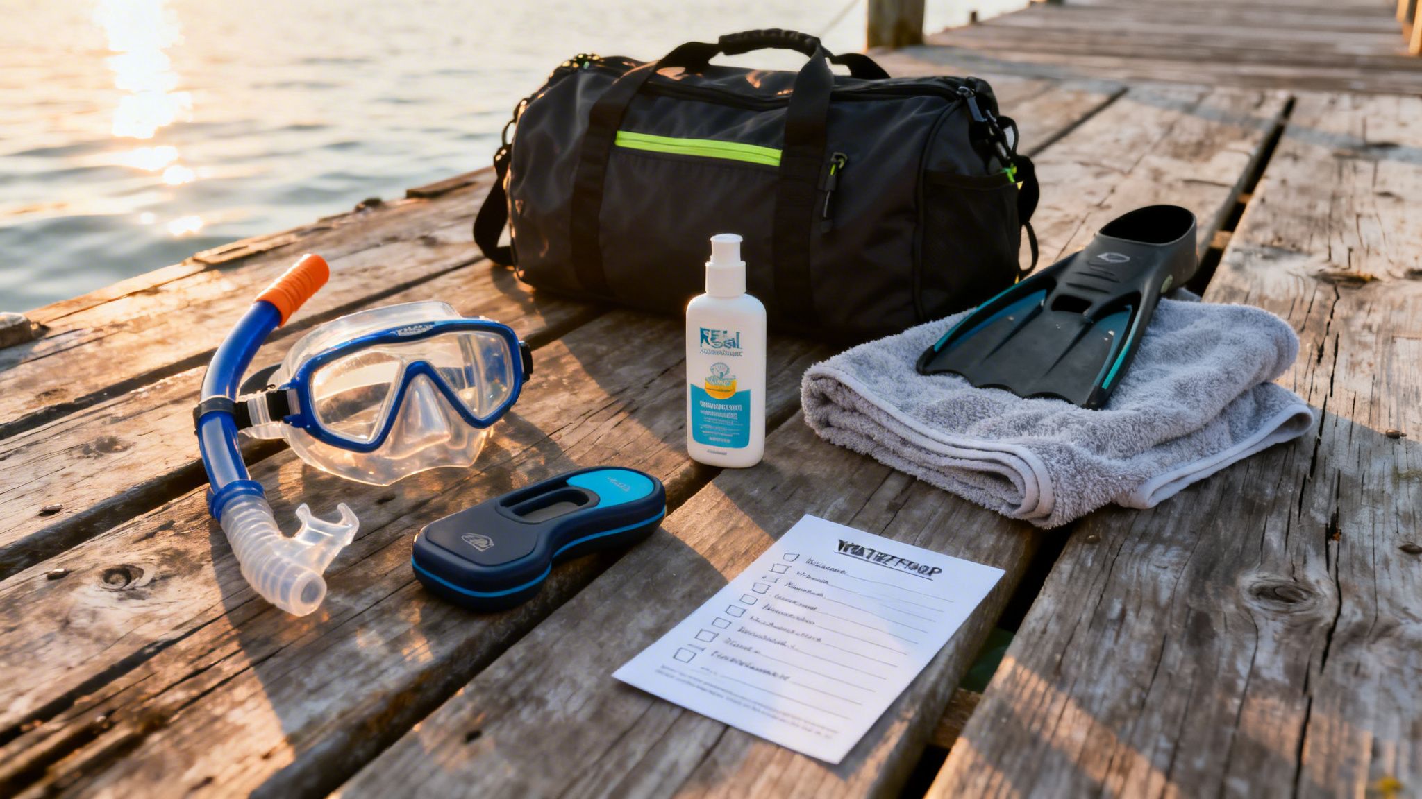 Snorkeling gear, duffel bag, anti-fog spray, and towel on a wooden dock by the water.