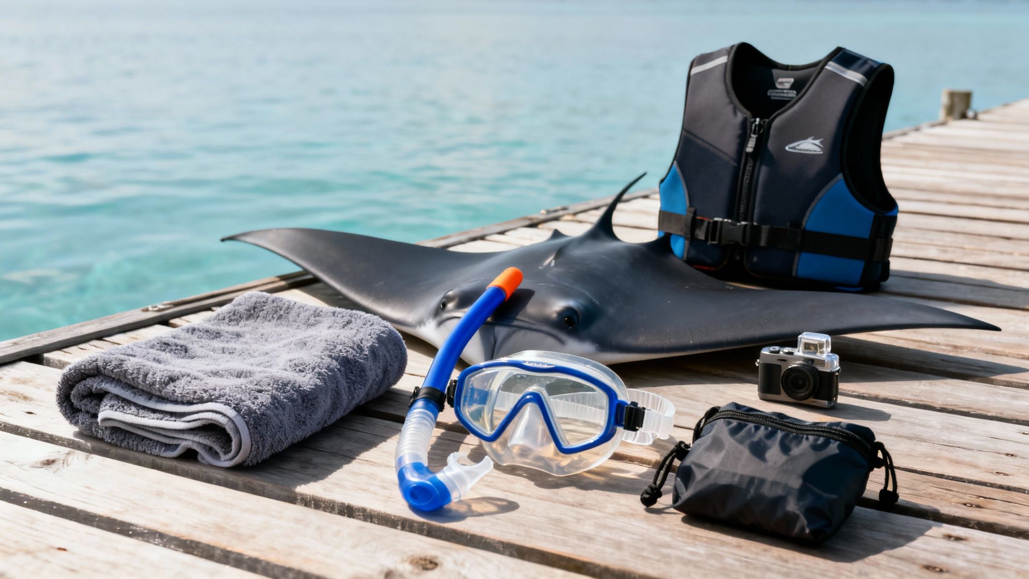 Snorkeling equipment, a manta ray float, life vest, towel, and camera laid on a wooden pier.