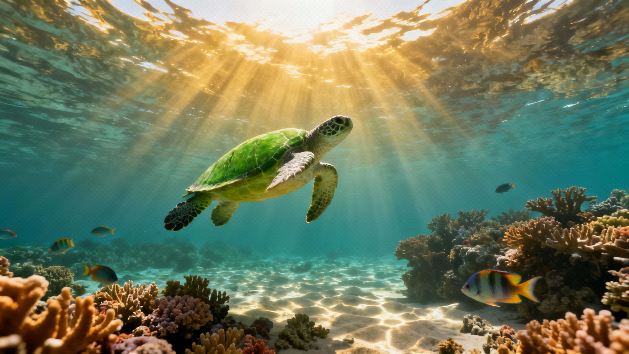 A green sea turtle swims gracefully through sunlit turquoise water, surrounded by colorful coral reefs and fish.