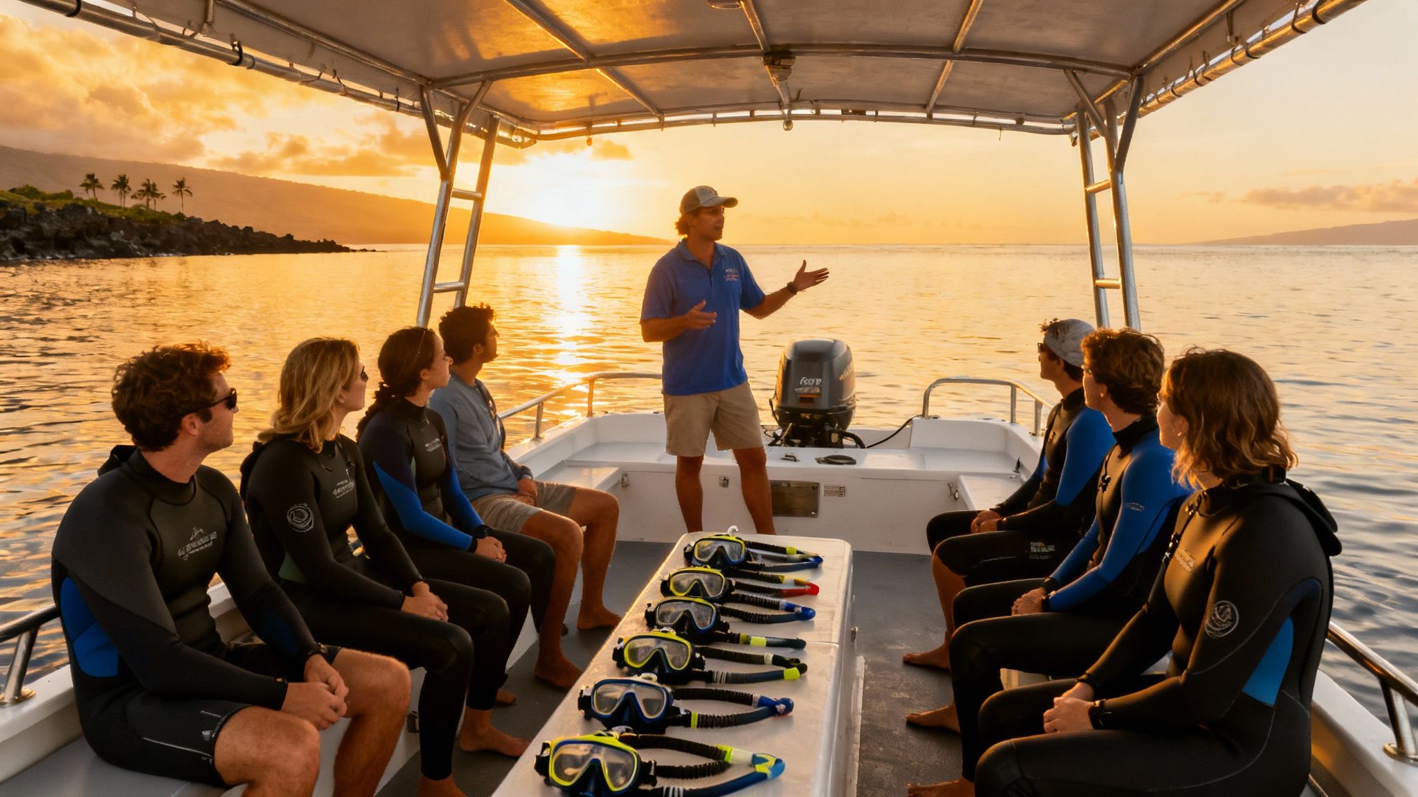 A group of snorkelers on a boat listening to their guide at sunset, preparing for a dive.