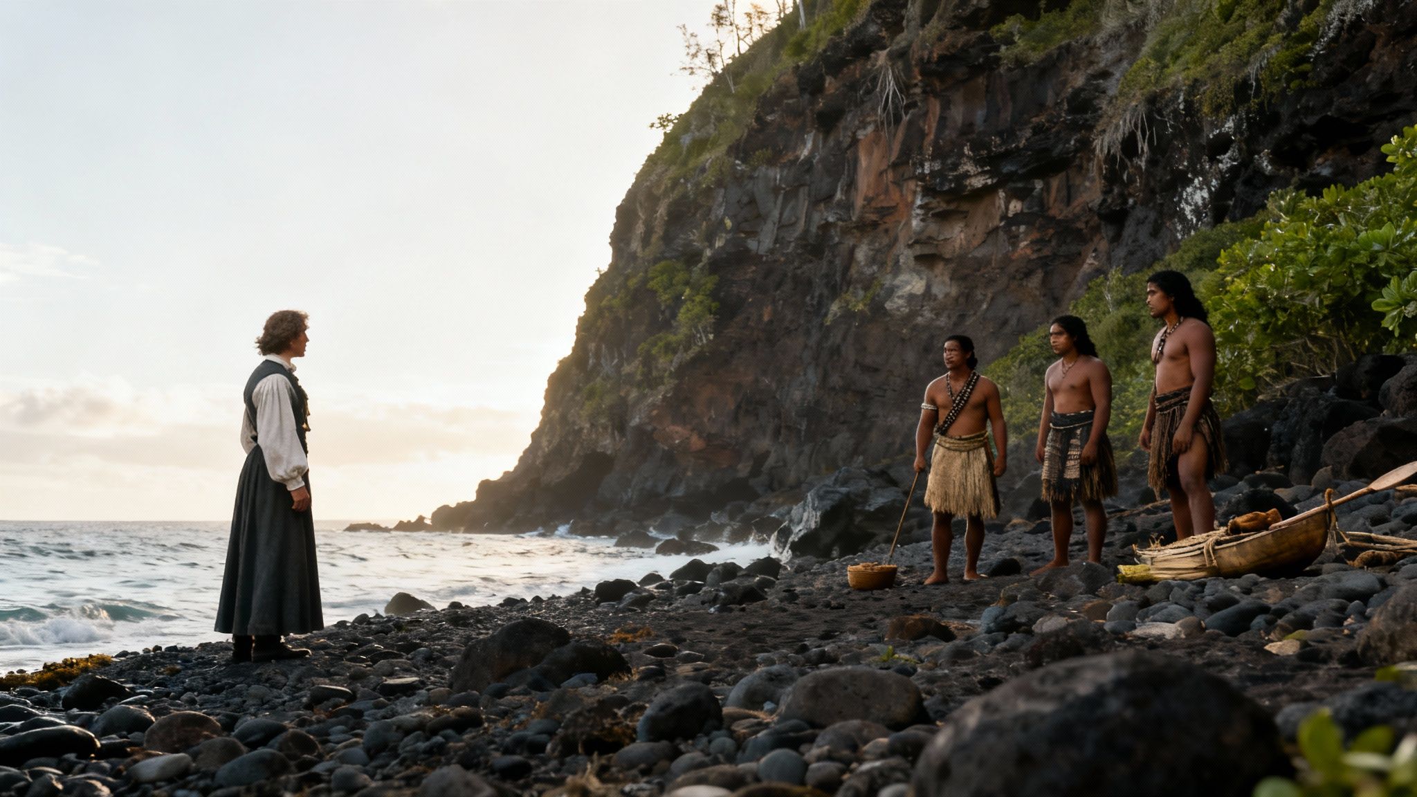 An illustration depicting Captain Cook's arrival in Kealakekua Bay, with Hawaiian canoes greeting his large ship.