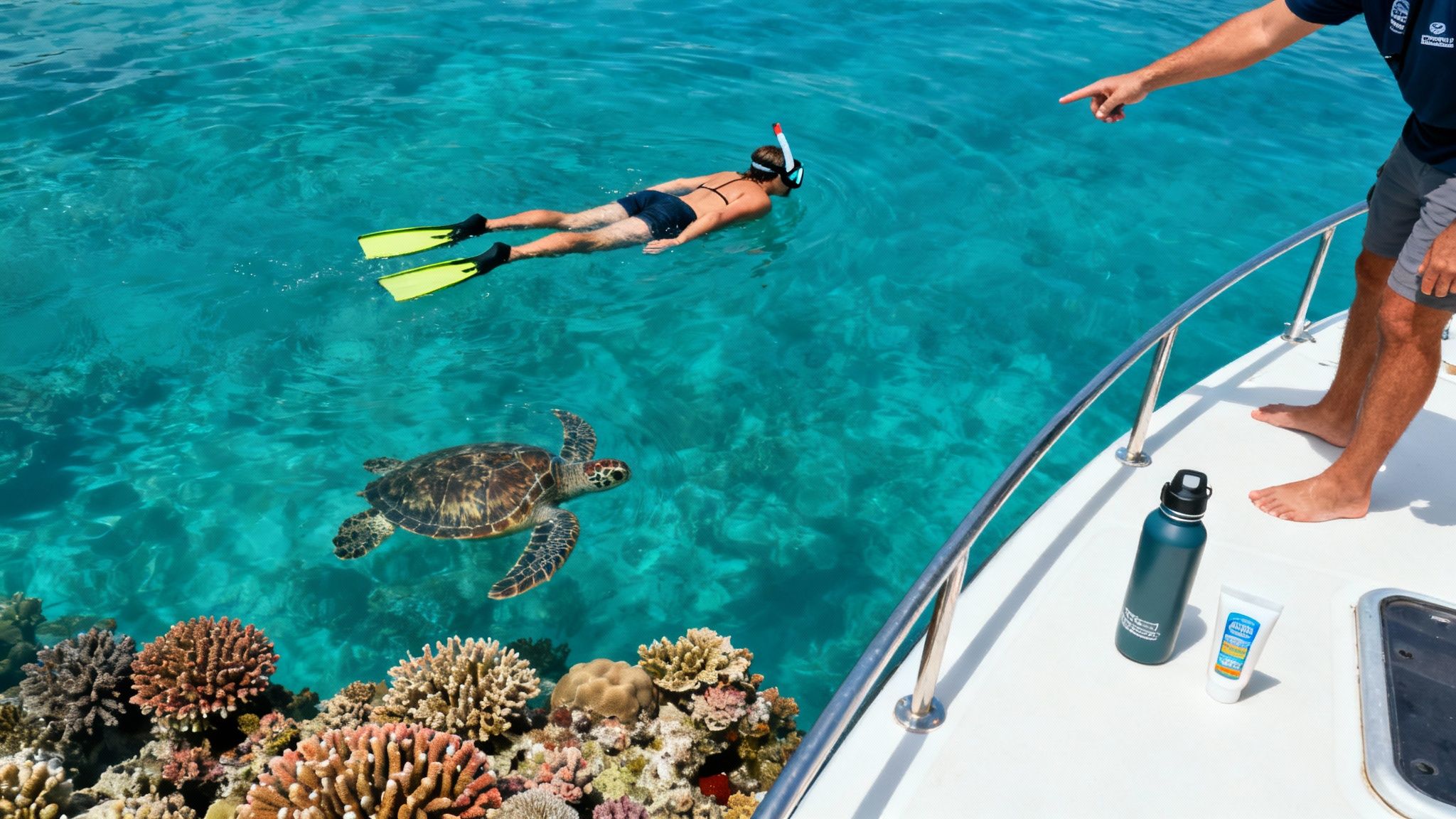 A person snorkeling with a sea turtle and colorful coral reef from a boat in clear tropical water.