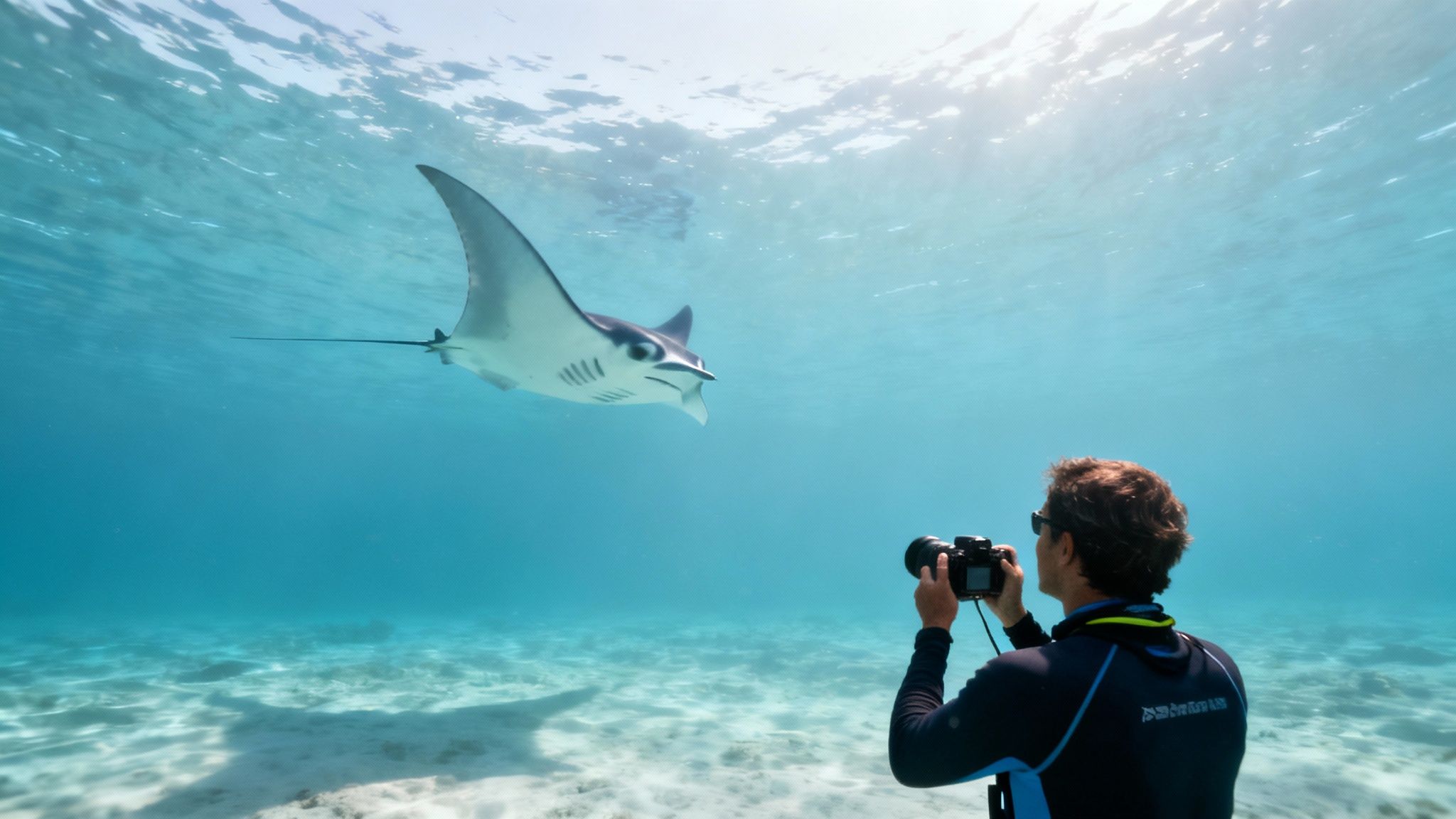 Underwater shot of a person photographing a majestic manta ray in clear blue ocean water.